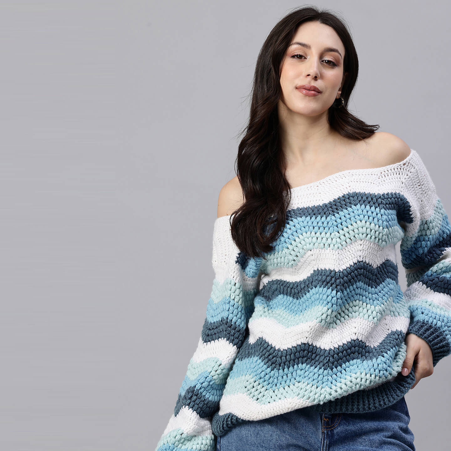 Blue Handmade Self Design Waves Crochet Pullover - 10419