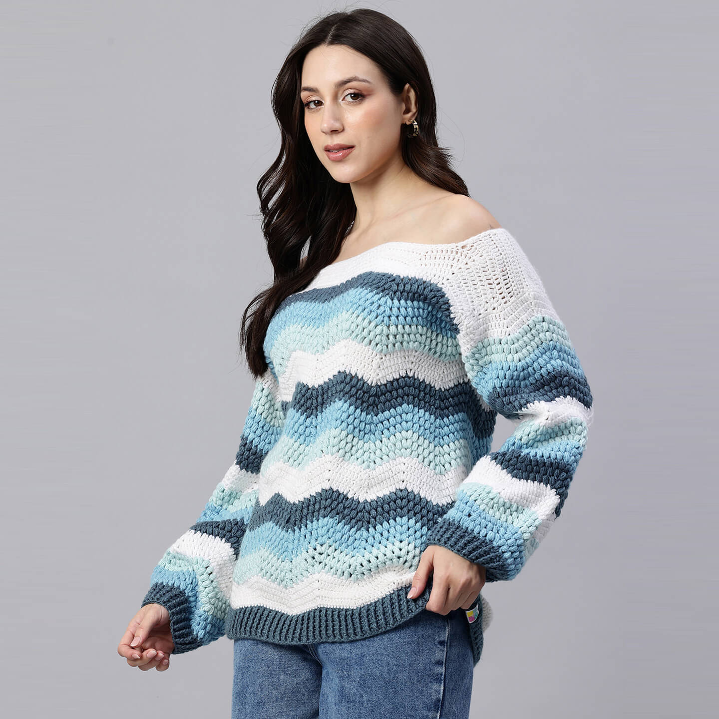 Blue Handmade Self Design Waves Crochet Pullover - 10419