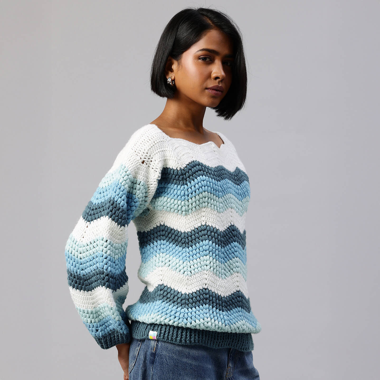 Blue Handmade Self Design Waves Crochet Pullover - 10419