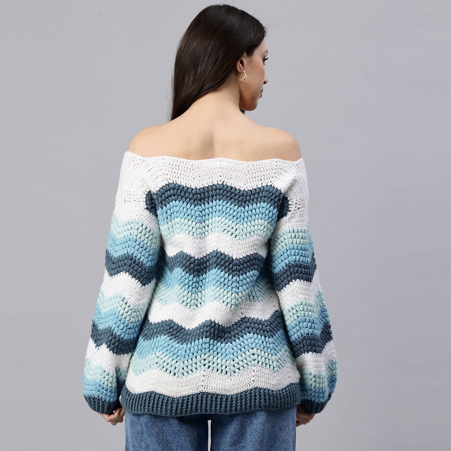 Blue Handmade Self Design Waves Crochet Pullover - 10419