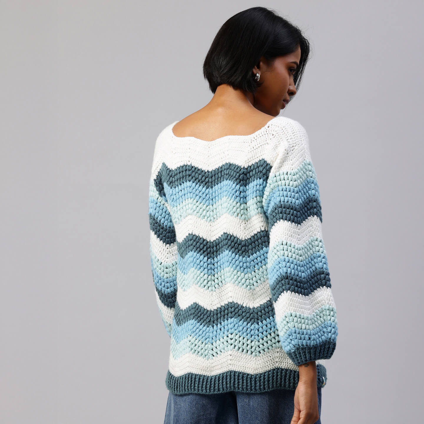 Blue Handmade Self Design Waves Crochet Pullover - 10419