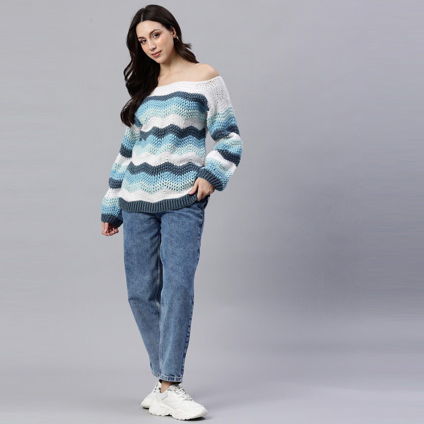 Blue Handmade Self Design Waves Crochet Pullover - 10419