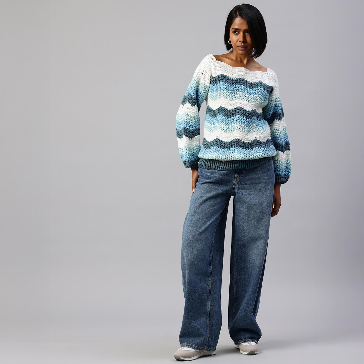 Blue Handmade Self Design Waves Crochet Pullover - 10419