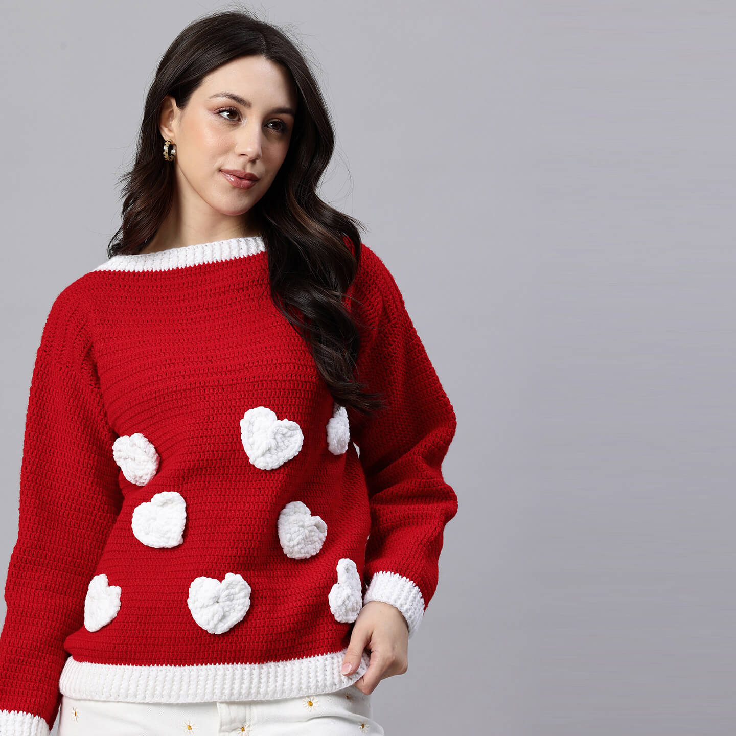 Red Handmade Self Design Crochet Pullover - 10420
