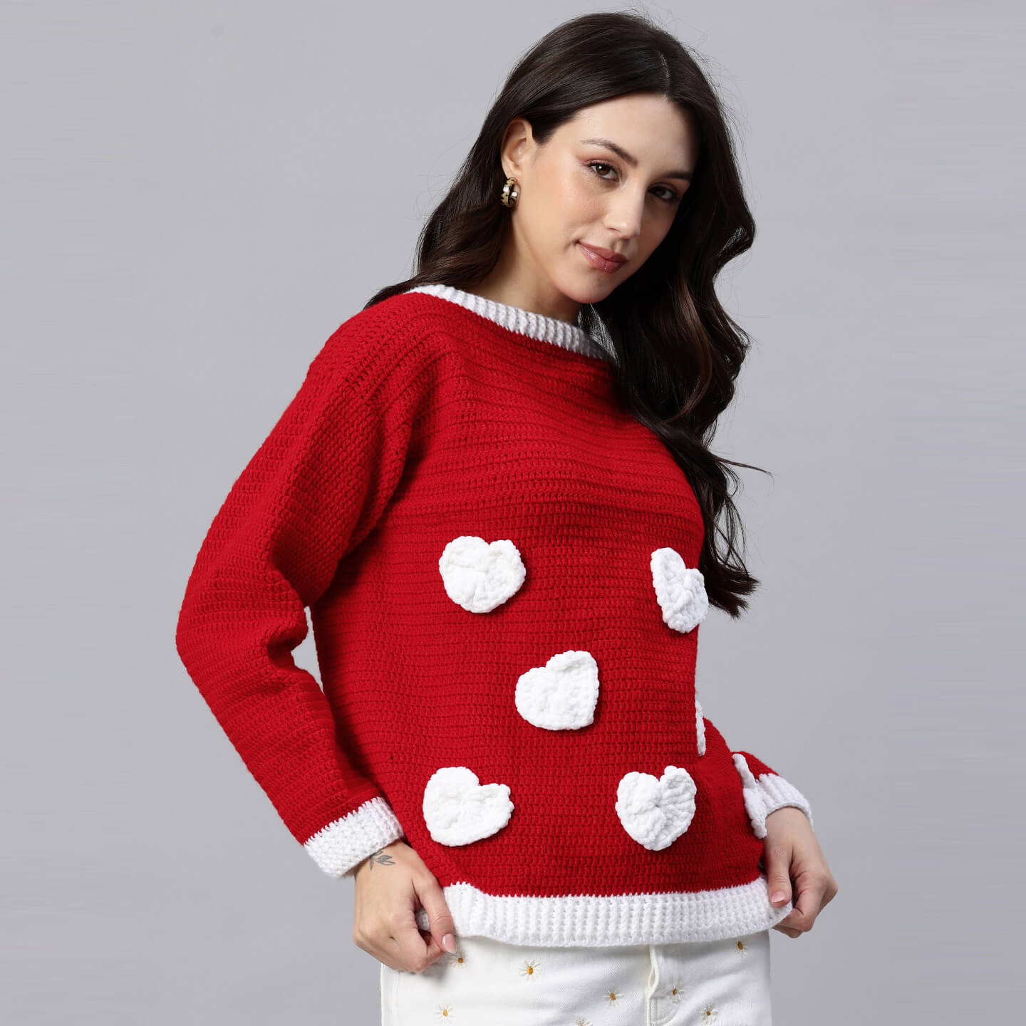 Red Handmade Self Design Crochet Pullover - 10420