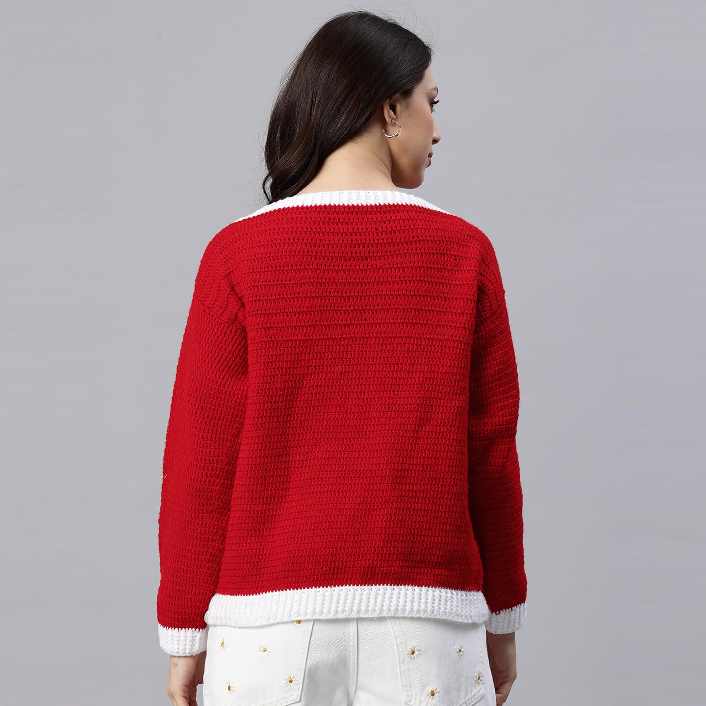 Red Handmade Self Design Crochet Pullover - 10420