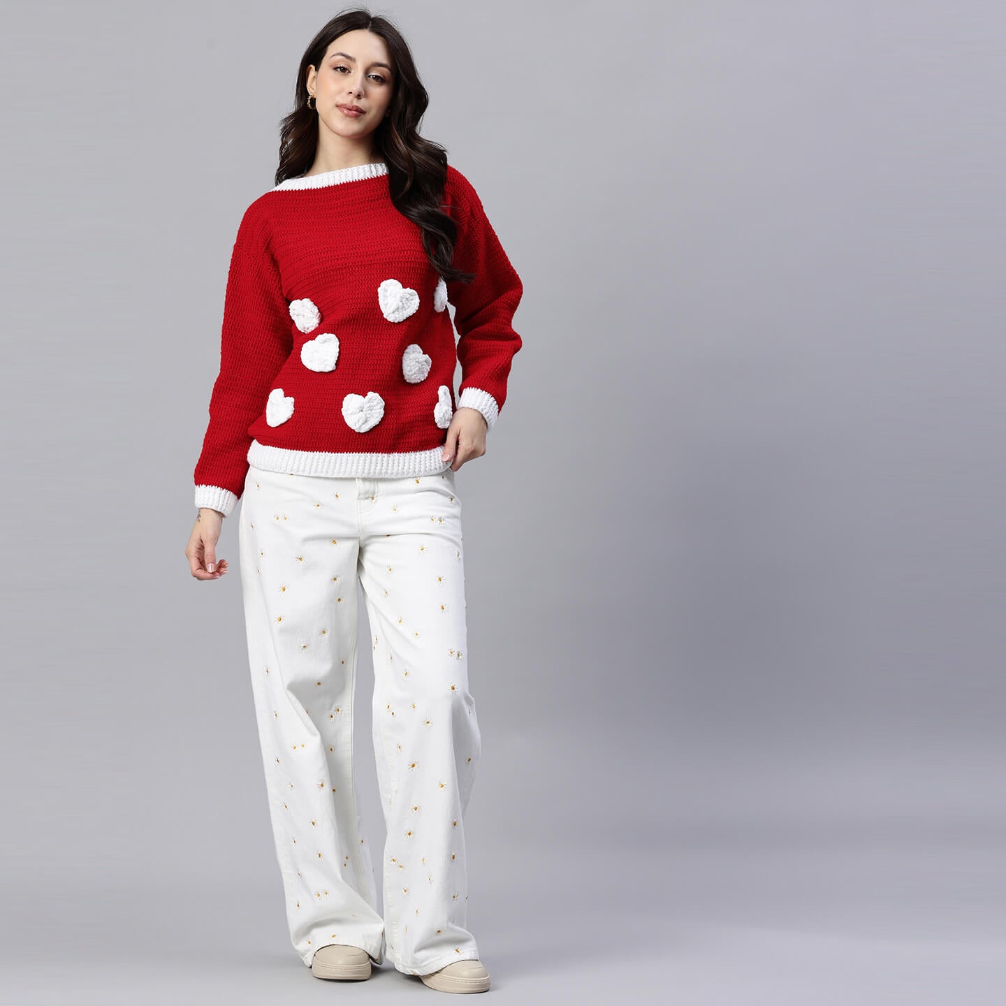 Red Handmade Self Design Crochet Pullover - 10420