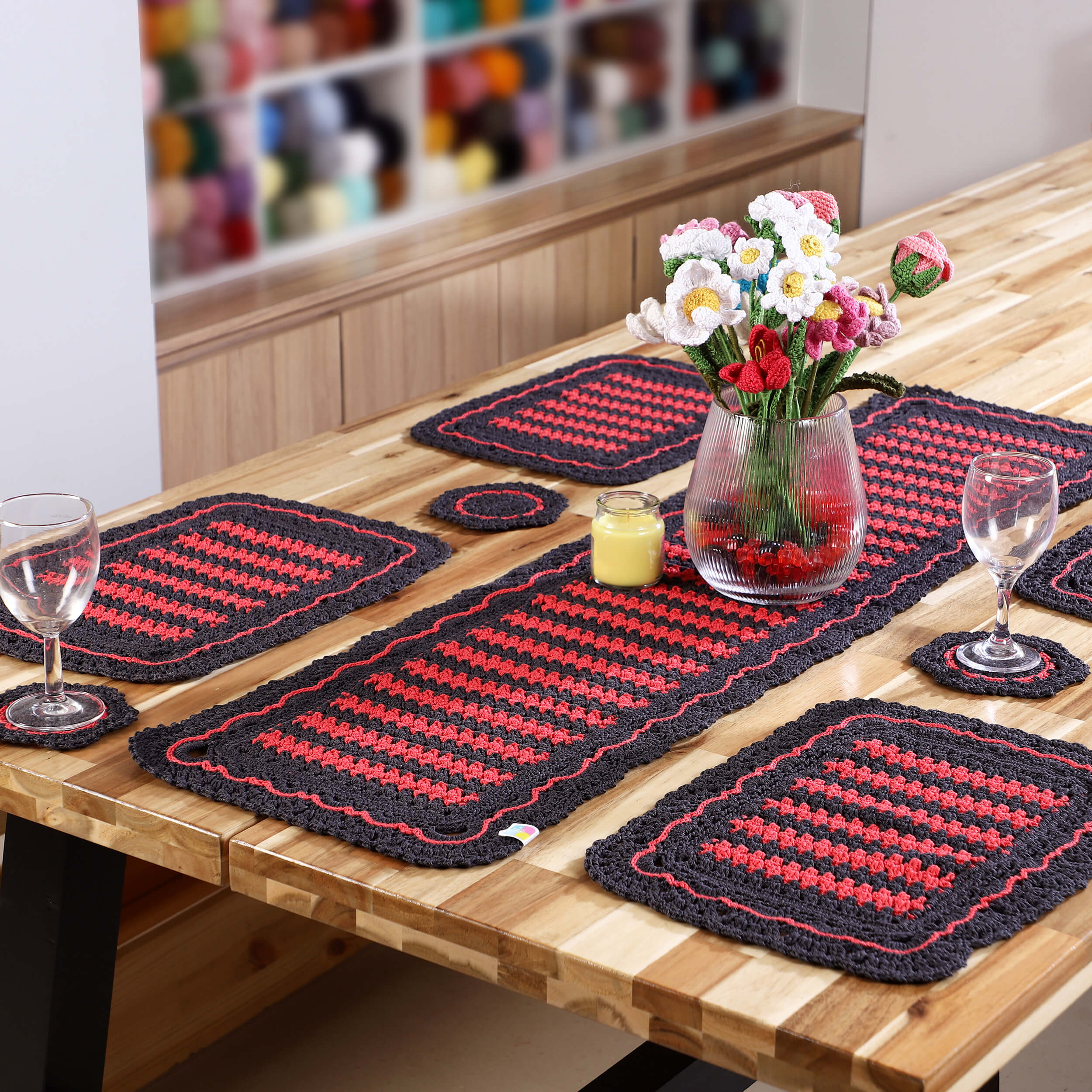 Handmade Table Runner, Placemats & Coasters Set - 10435 Grey/Red
