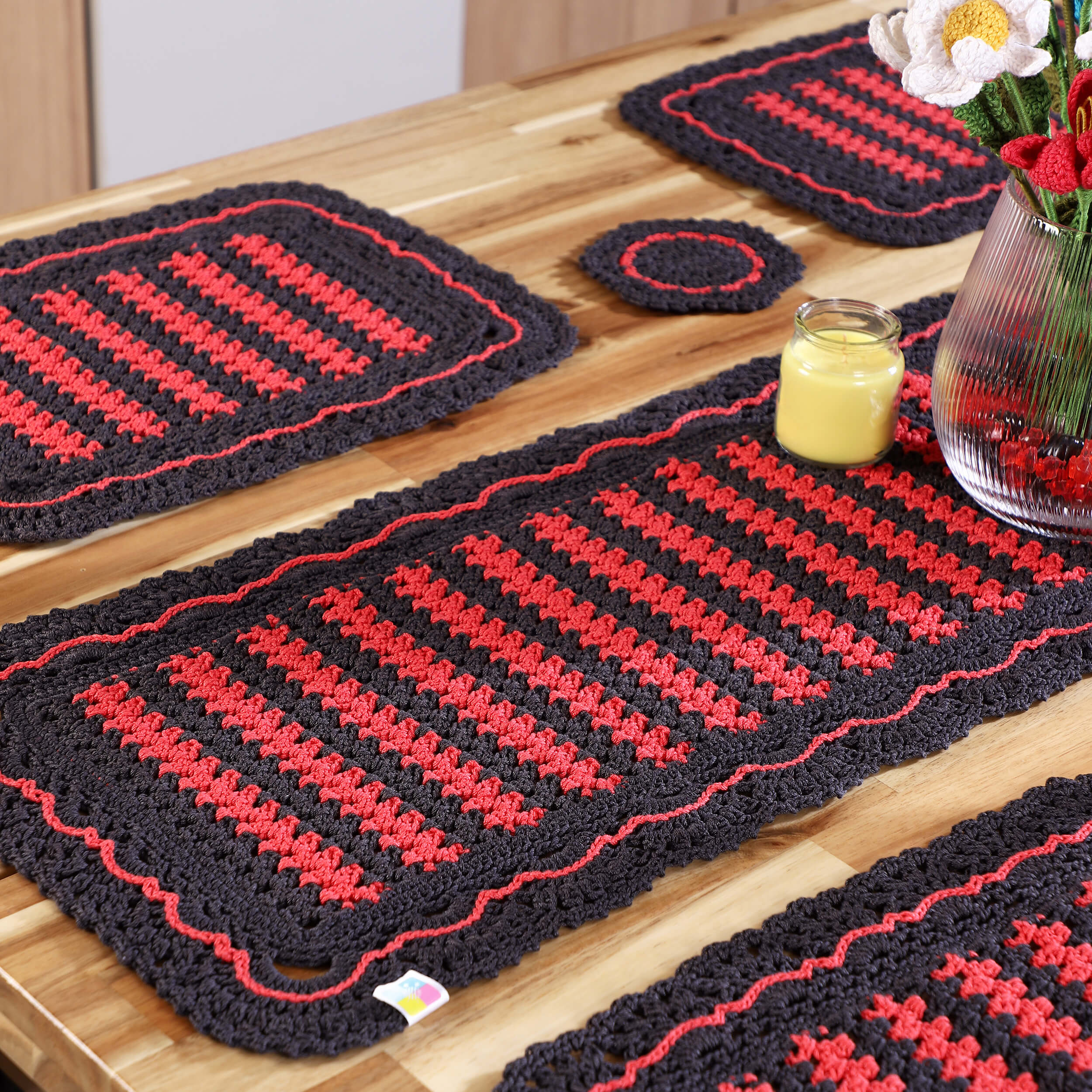 Handmade Table Runner, Placemats & Coasters Set - 10435 Grey/Red