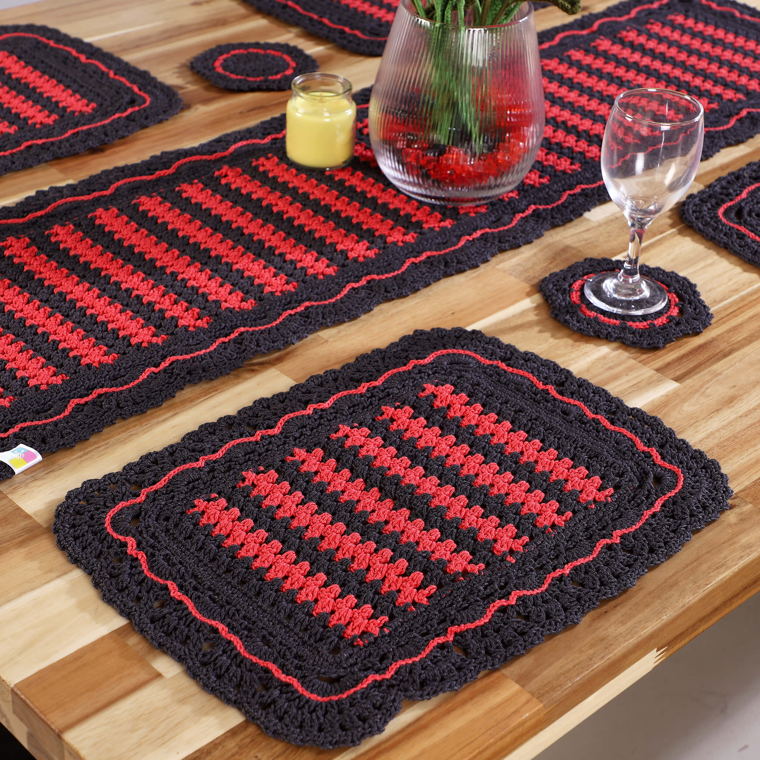 Handmade Table Runner, Placemats & Coasters Set - 10435 Grey/Red