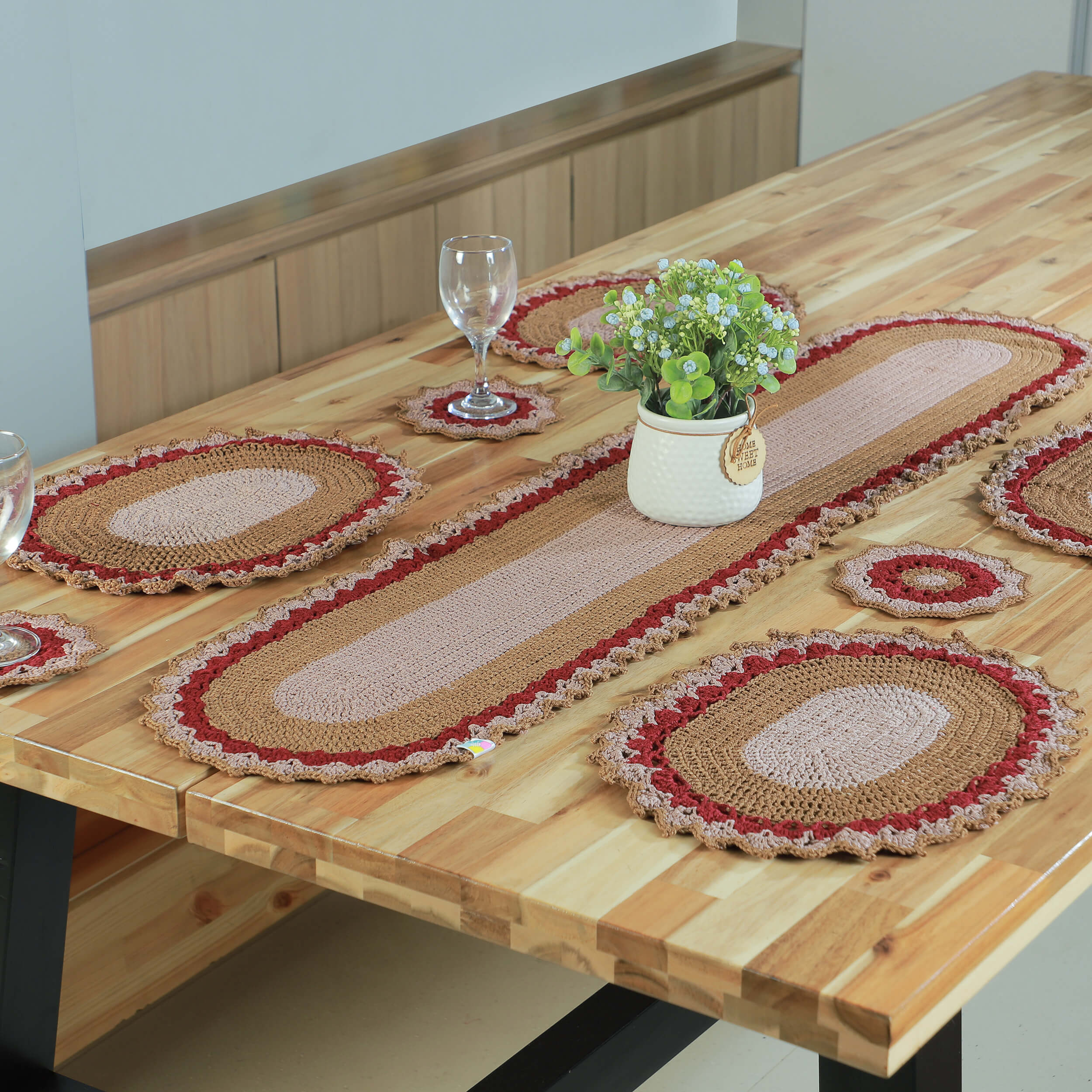 Handmade Table Runner, Placemats & Coasters Set - 10436 Maroon/Beige/Khaki