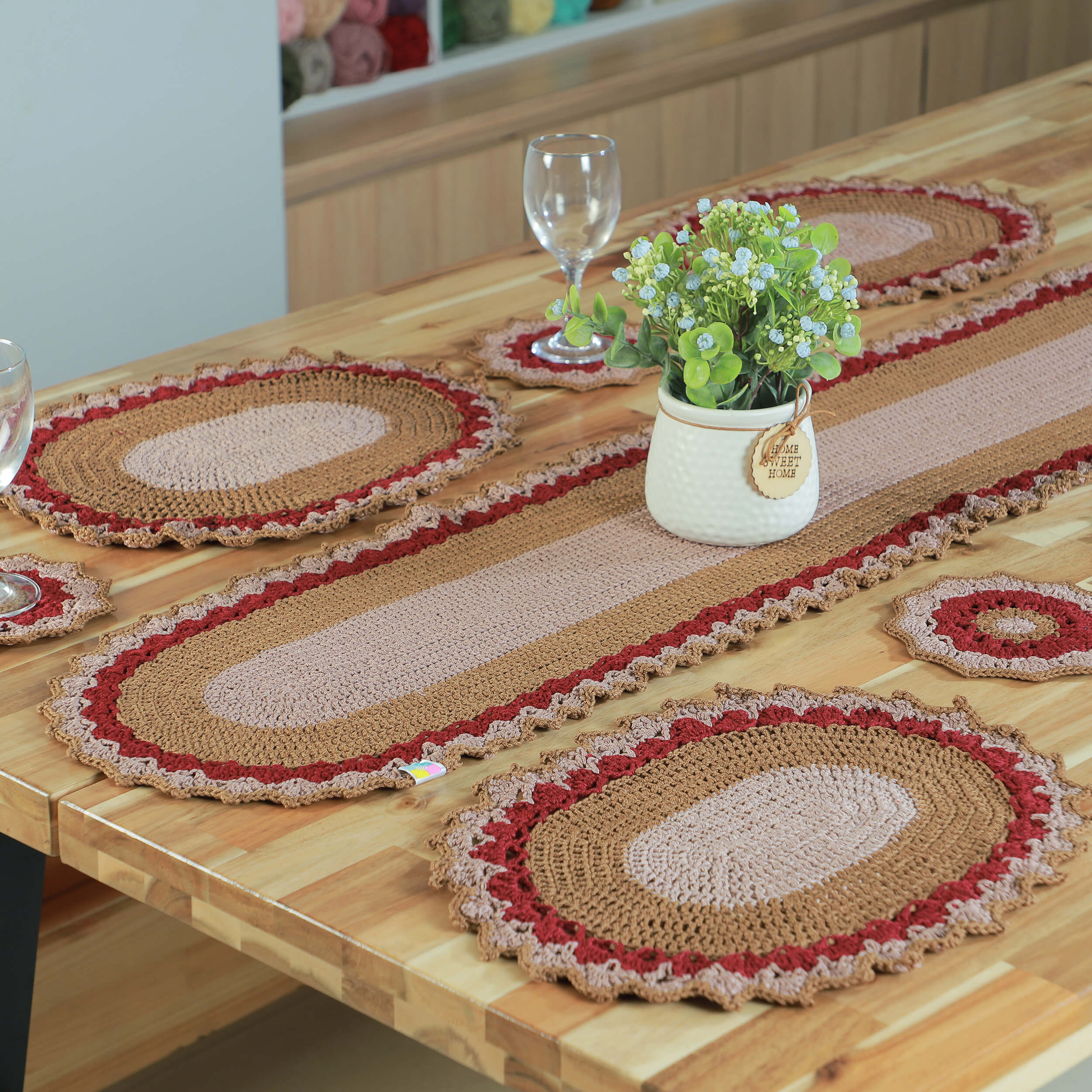 Handmade Table Runner, Placemats & Coasters Set - 10436 Maroon/Beige/Khaki