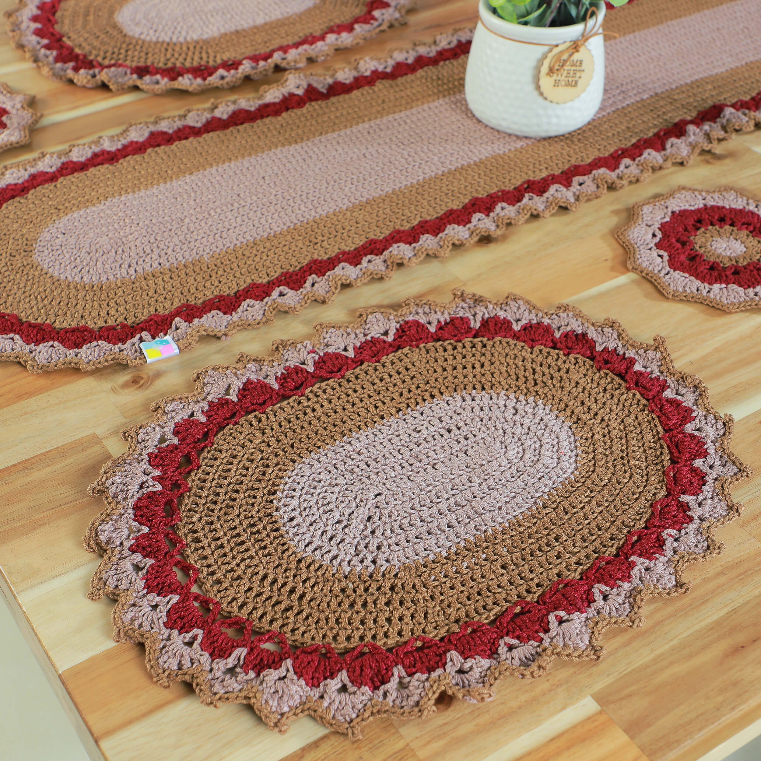 Handmade Table Runner, Placemats & Coasters Set - 10436 Maroon/Beige/Khaki