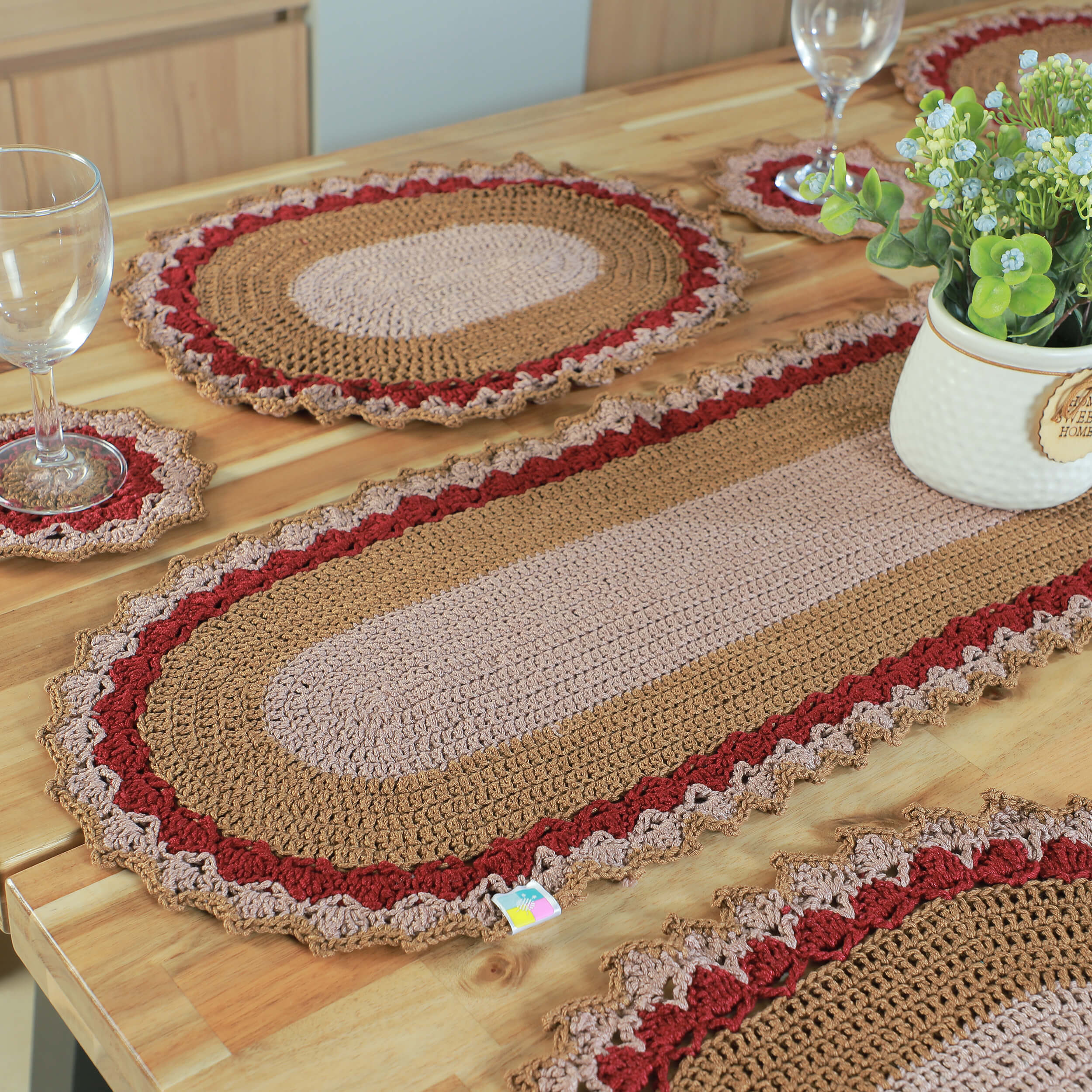 Handmade Table Runner, Placemats & Coasters Set - 10436 Maroon/Beige/Khaki
