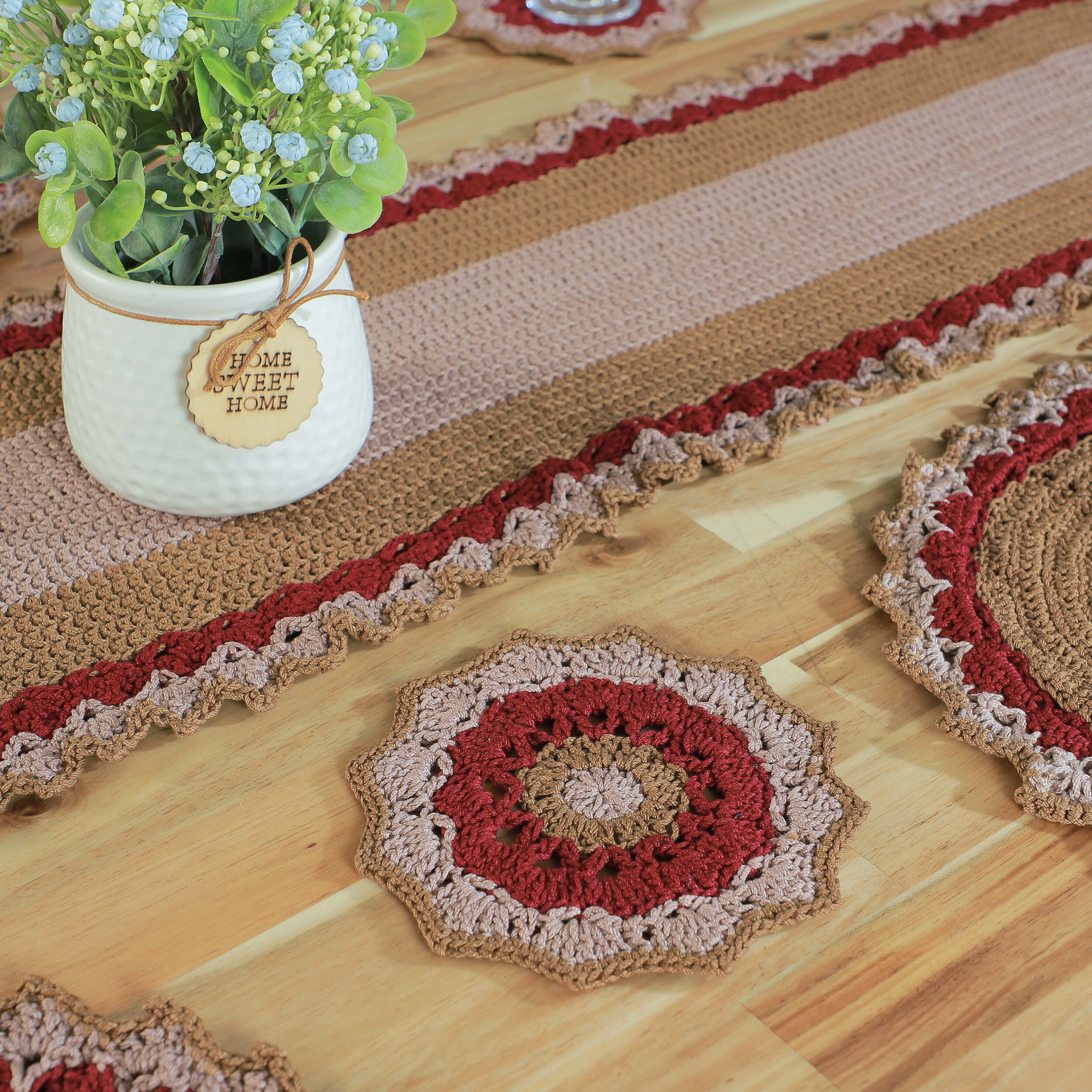 Handmade Table Runner, Placemats & Coasters Set - 10436 Maroon/Beige/Khaki