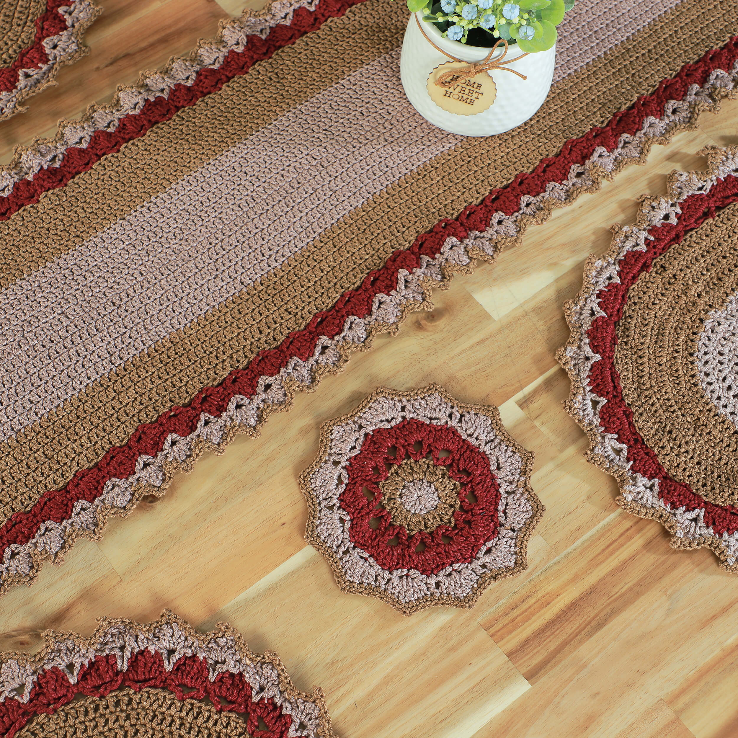 Handmade Table Runner, Placemats & Coasters Set - 10436 Maroon/Beige/Khaki