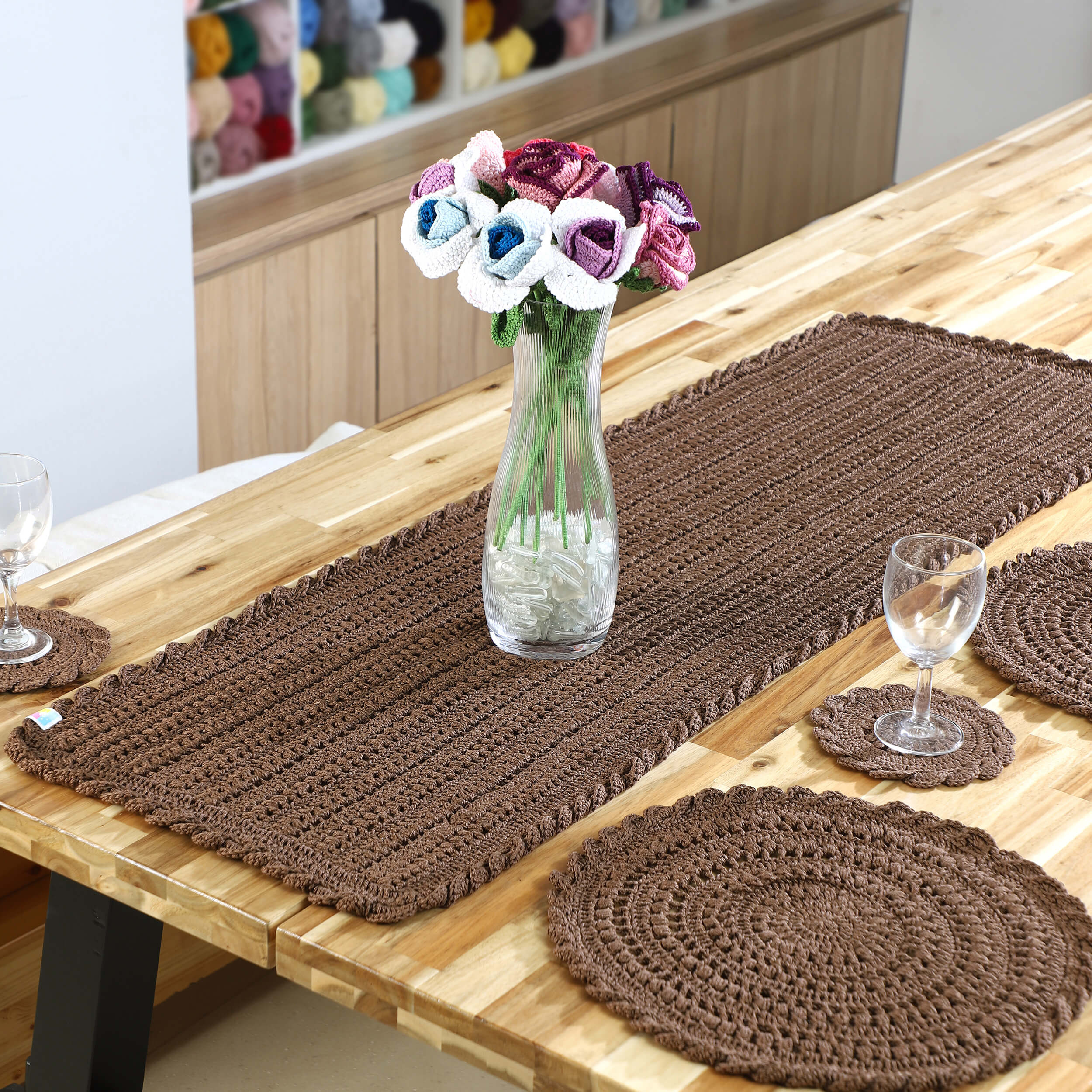 Handmade Table Runner, Placemats & Coasters Set - 10452 Dark Brown