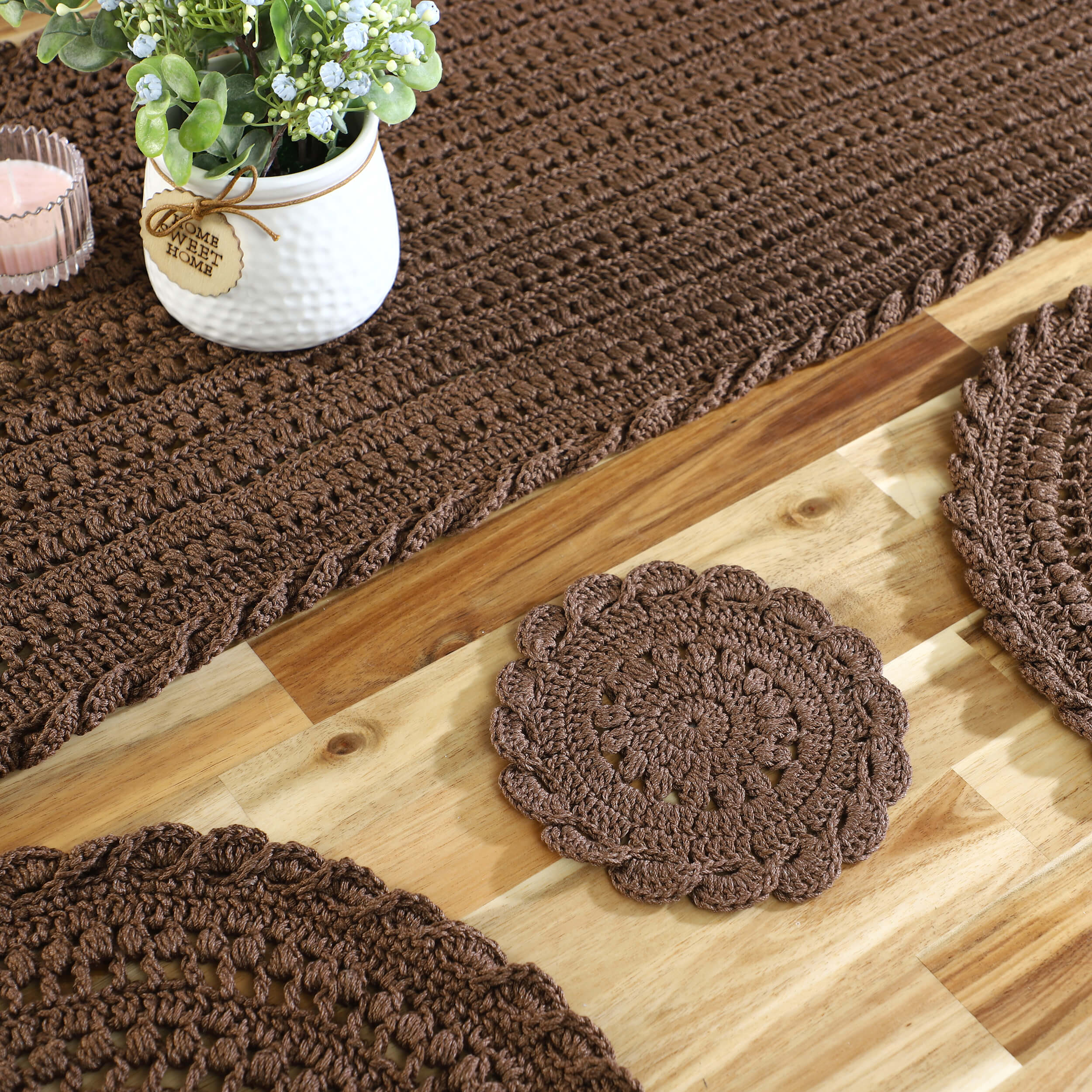 Handmade Table Runner, Placemats & Coasters Set - 10452 Dark Brown