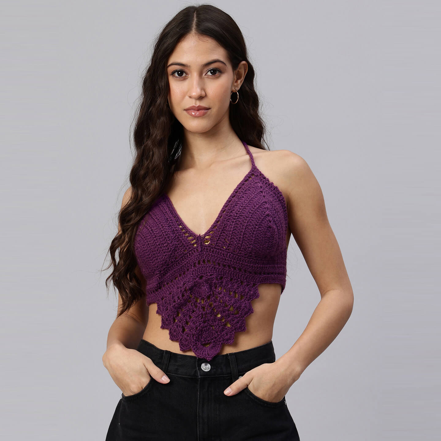 Summer Crochet Bralette Tie Back Sleeveless Top - Purple 10465