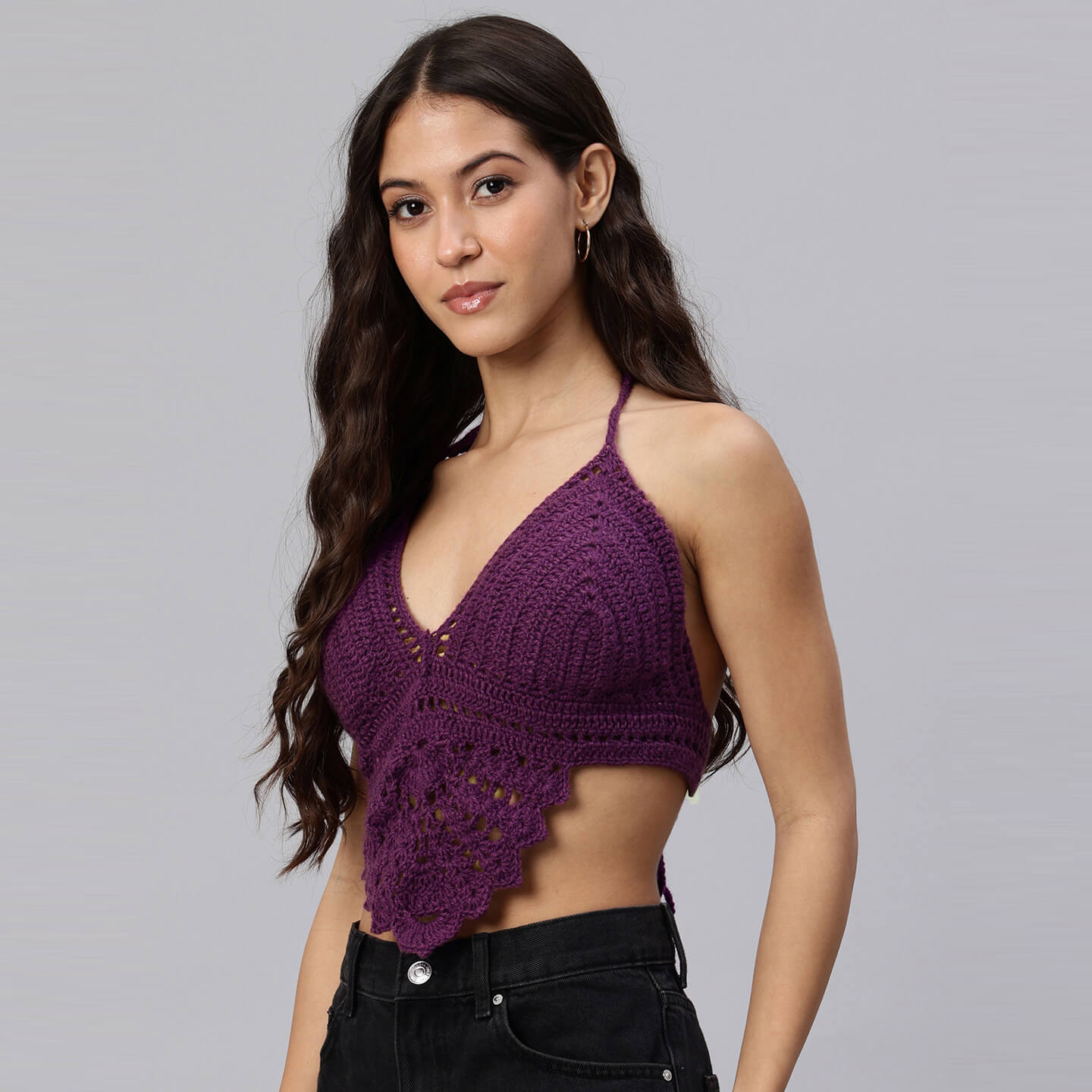 Summer Crochet Bralette Tie Back Sleeveless Top - Purple 10465
