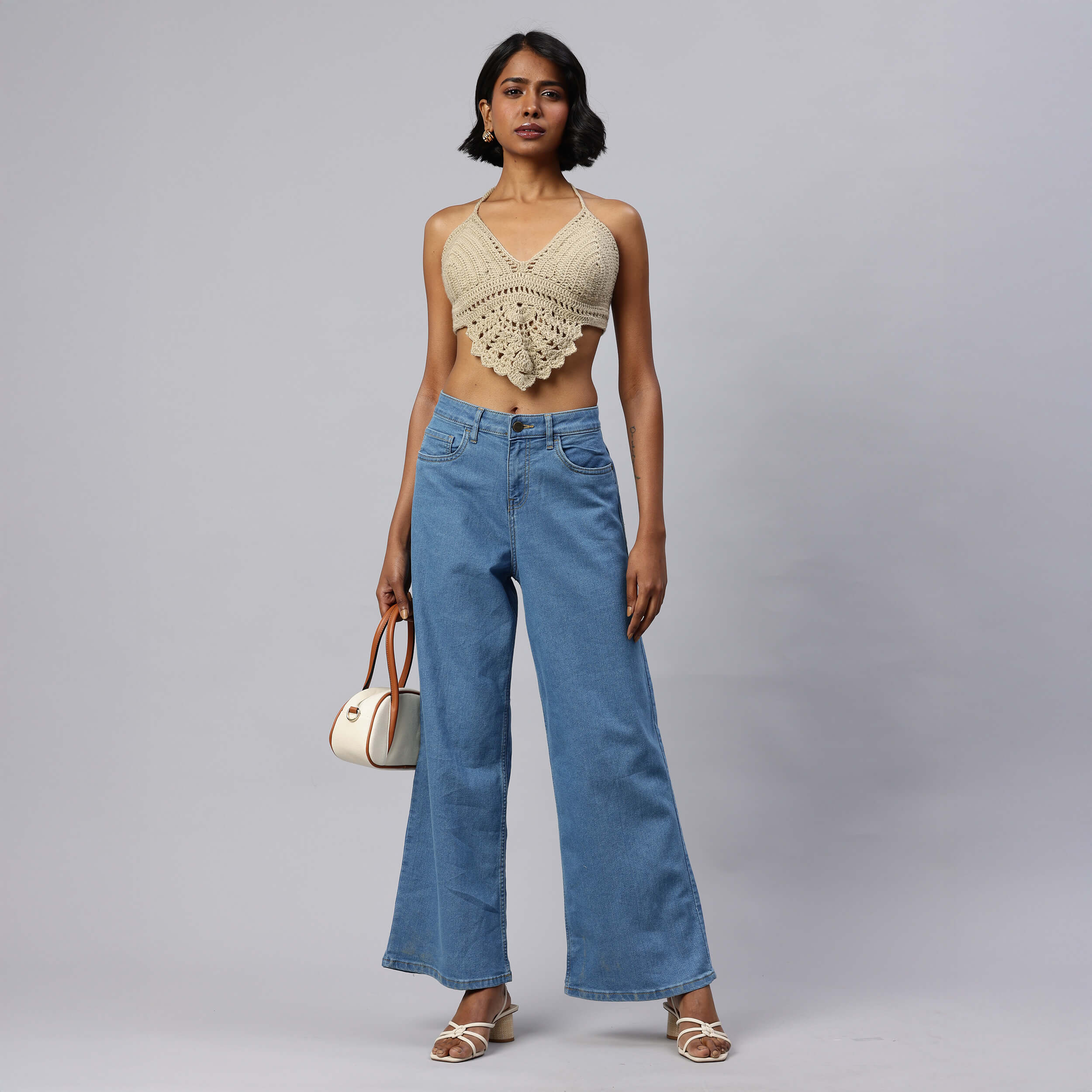 Summer Crochet Bralette Tie Back Sleeveless Top - Beige 10466