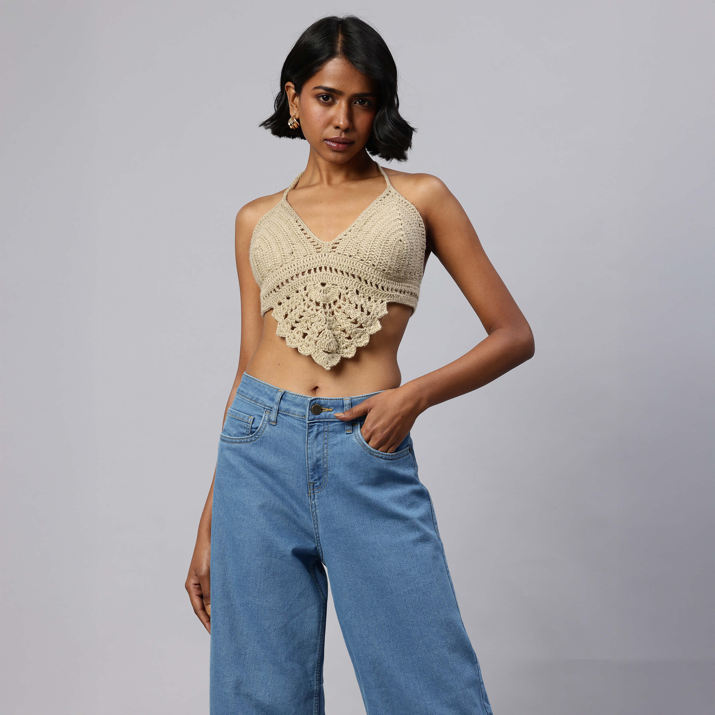 Summer Crochet Bralette Tie Back Sleeveless Top - Beige 10466