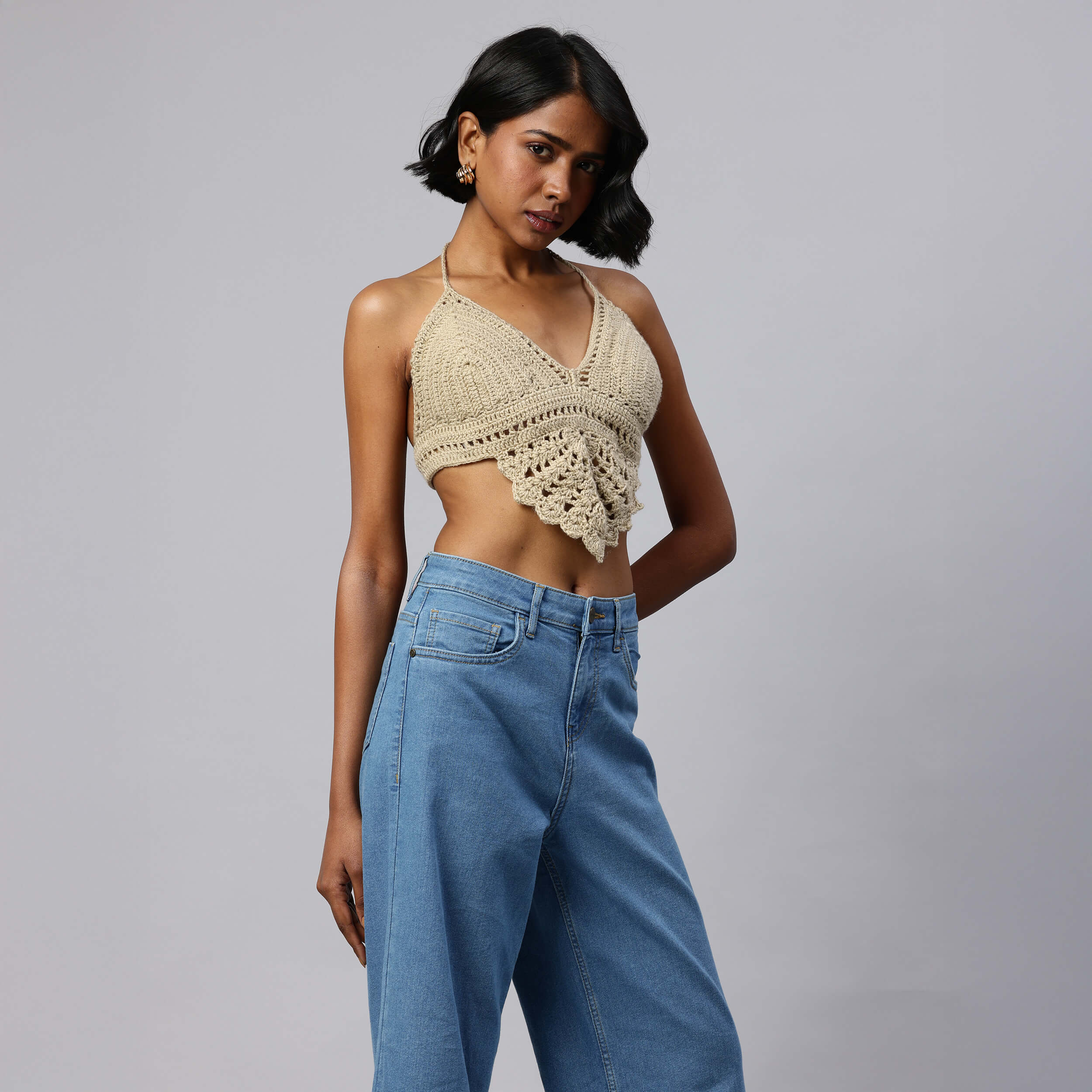 Summer Crochet Bralette Tie Back Sleeveless Top - Beige 10466