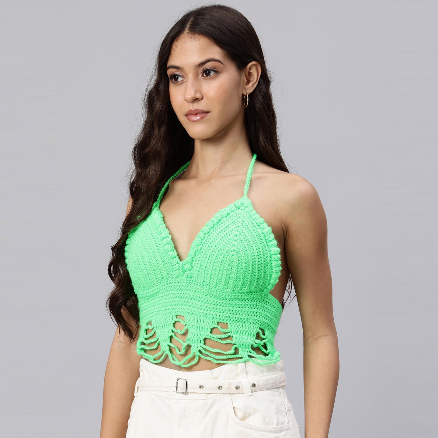 Summer Crochet Bralette Tie Back Sleeveless Top - Shocking Green 10467