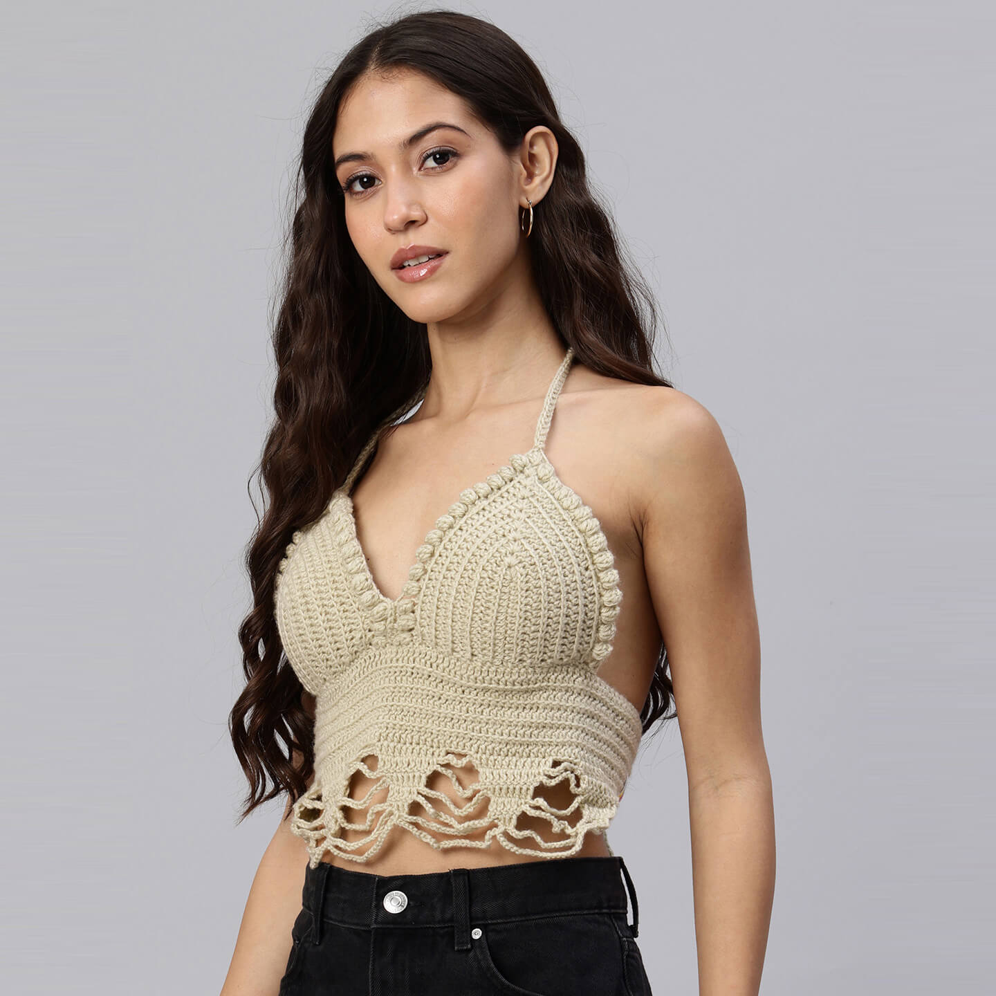 Summer Crochet Bralette Tie Back Sleeveless Top - Beige 10468