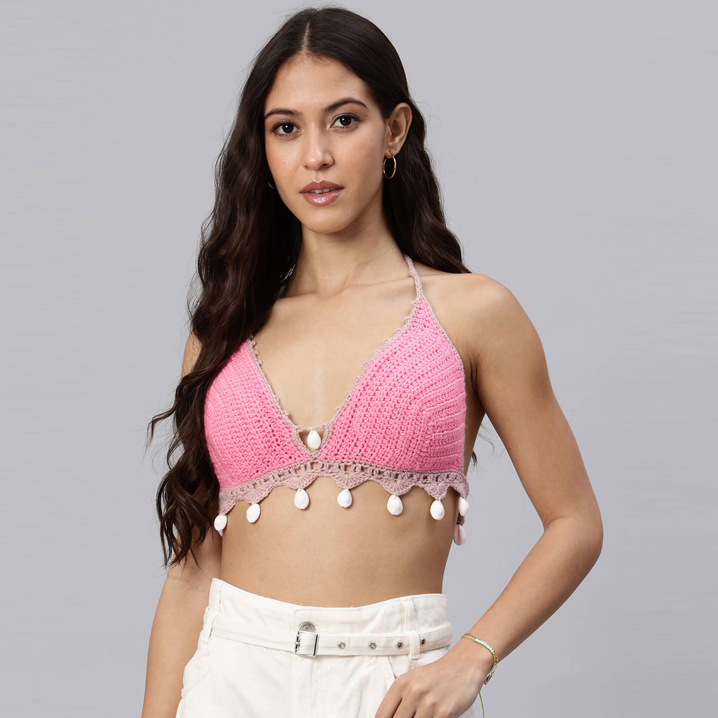 Summer Crochet Bralette Tie Back SleevelessTop - Pink 10469