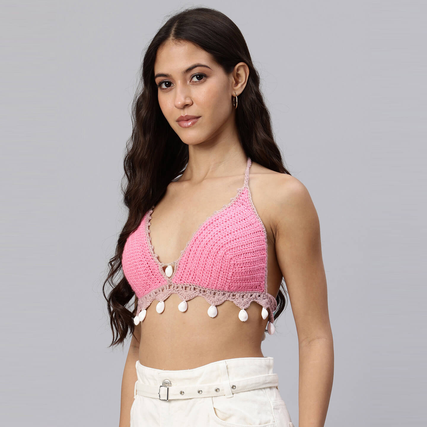 Summer Crochet Bralette Tie Back SleevelessTop - Pink 10469