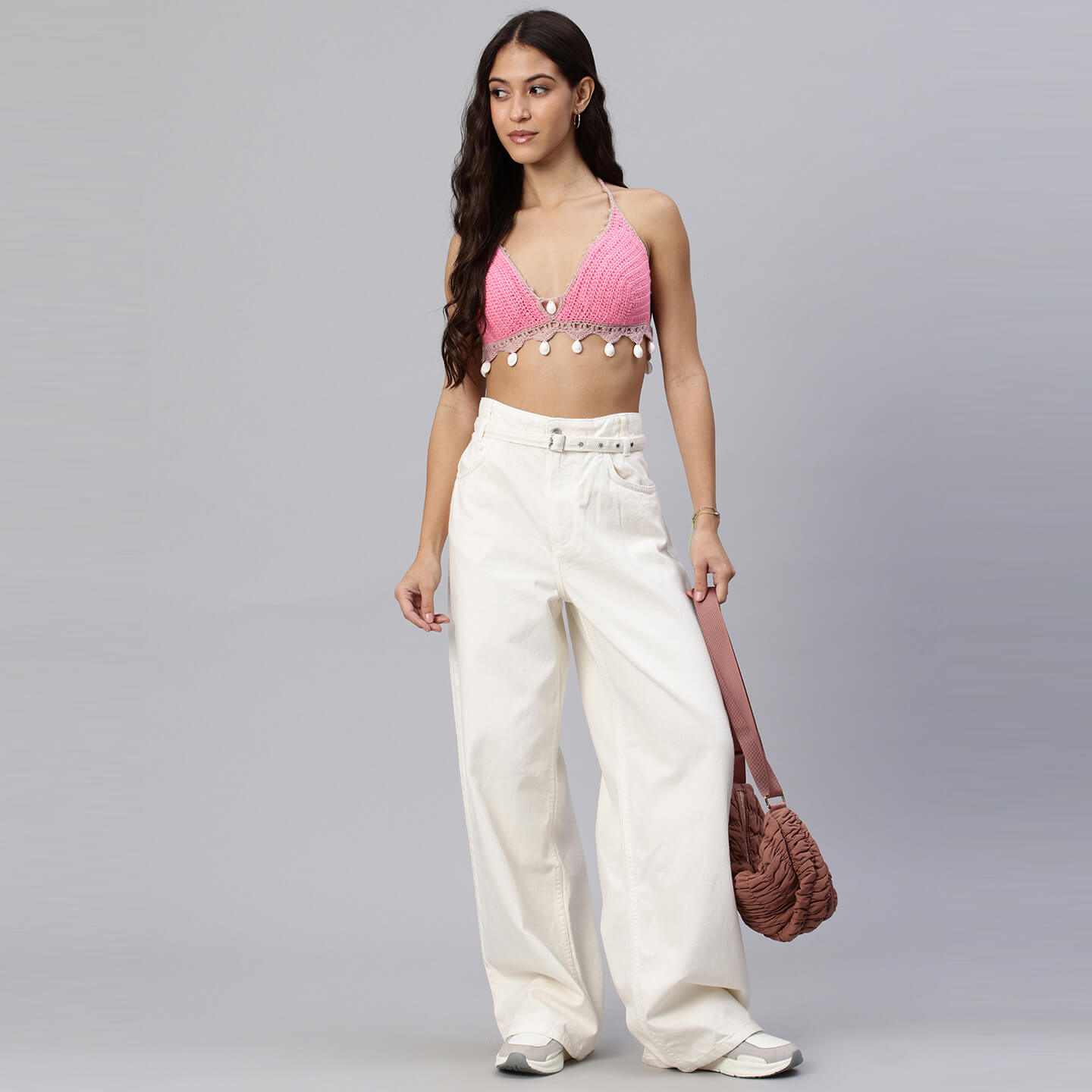 Summer Crochet Bralette Tie Back SleevelessTop - Pink 10469