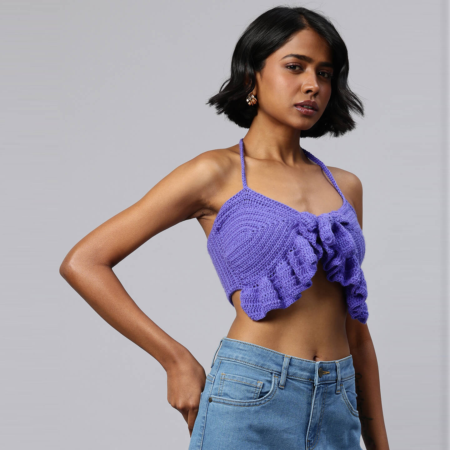 Summer Crochet Bralette Tie Back Sleeveless Top - Purple 10471
