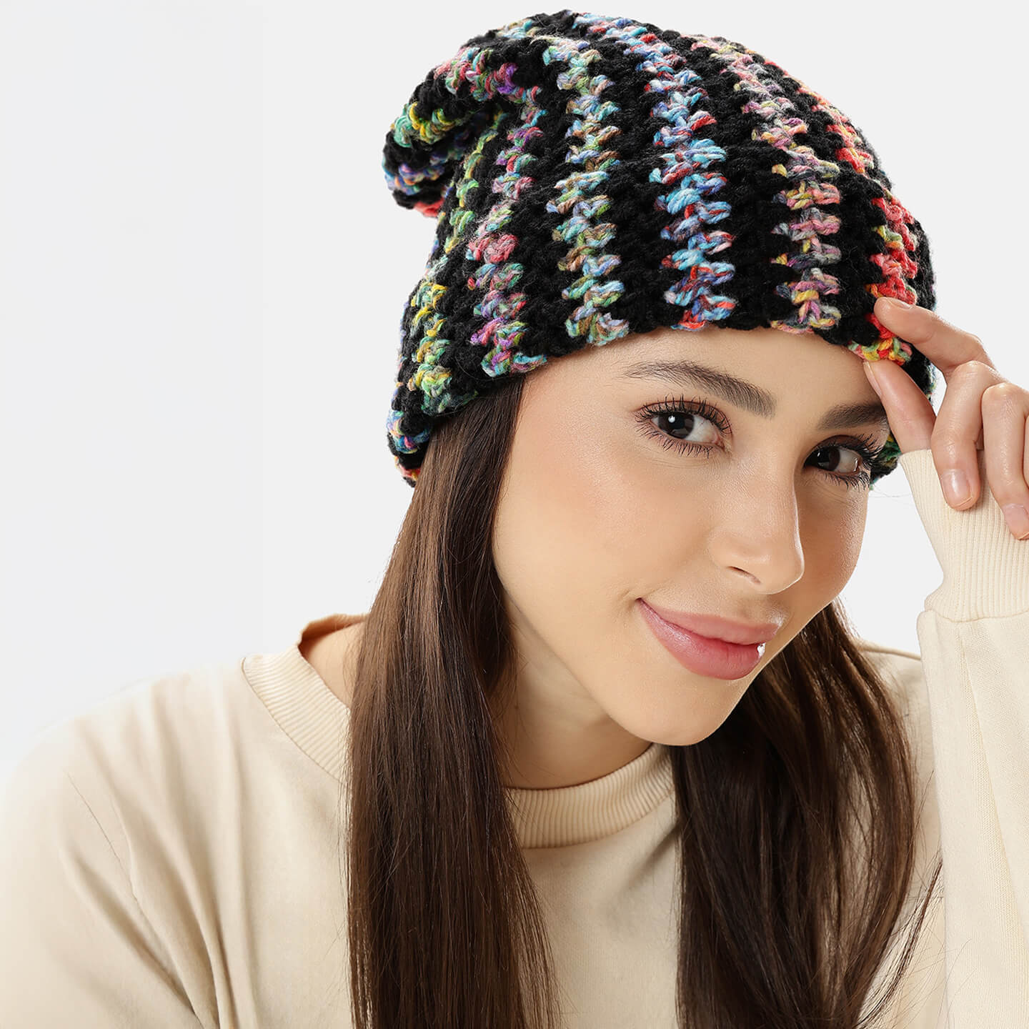 Multi Colored Vertical Striped Crochet Cap - 10480