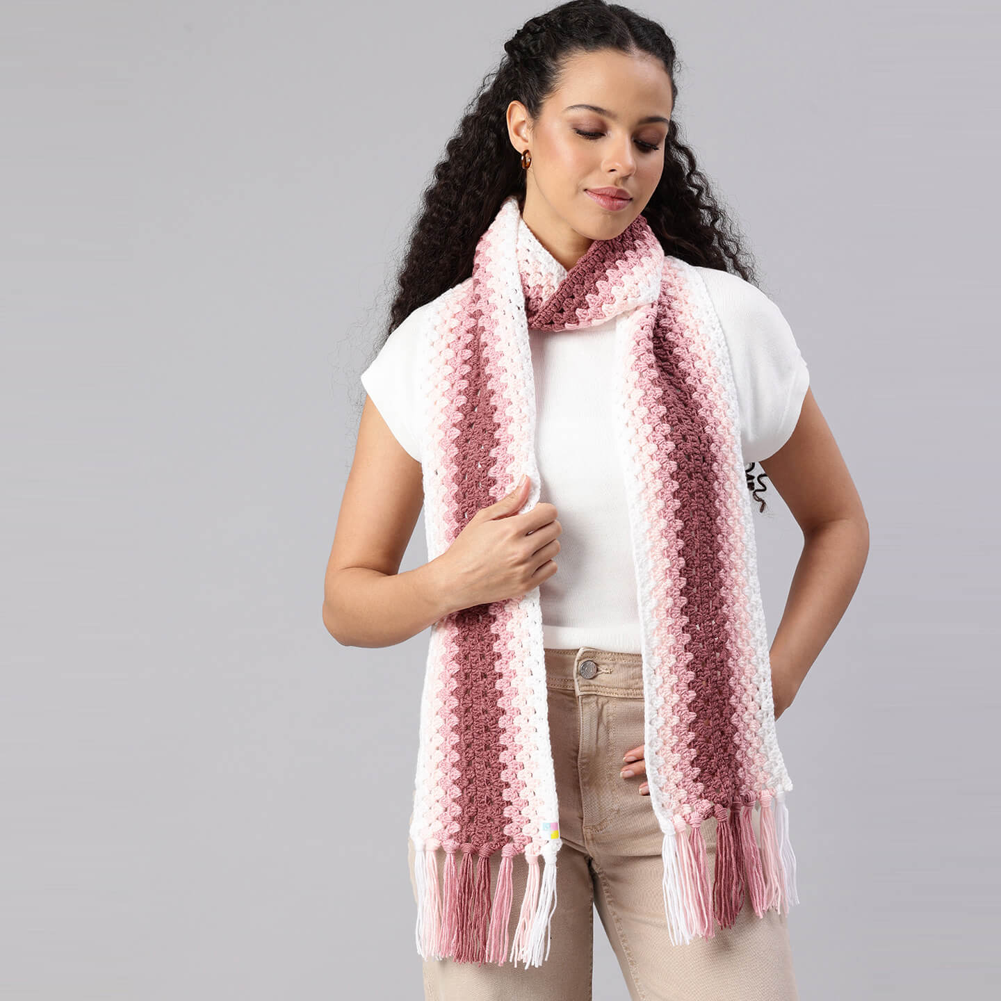 Pink Handmade Wave Pattern Crochet Scarf - 10492