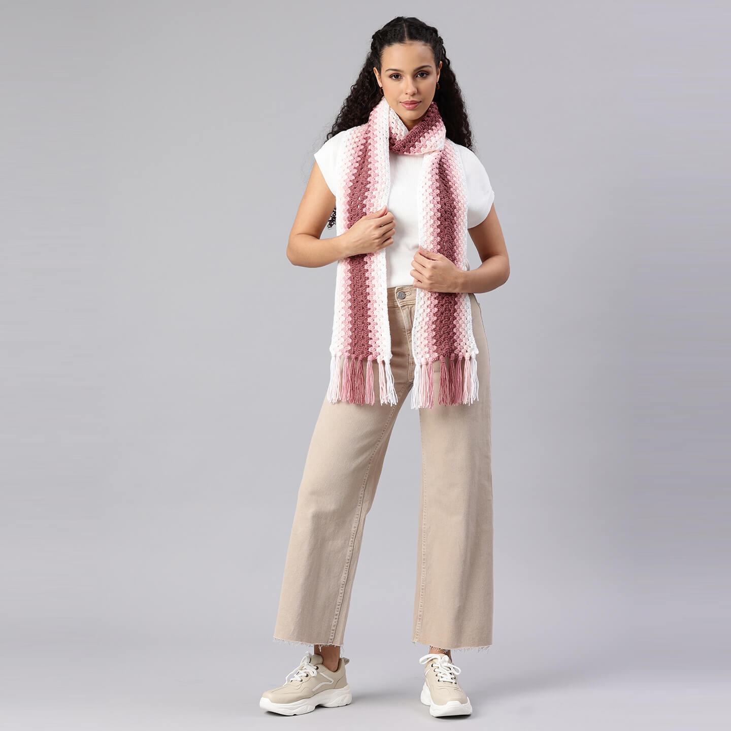 Pink Handmade Wave Pattern Crochet Scarf - 10492