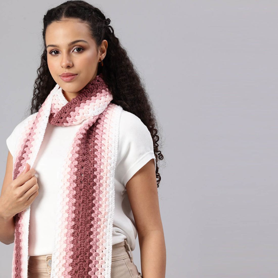 Pink Handmade Wave Pattern Crochet Scarf - 10492