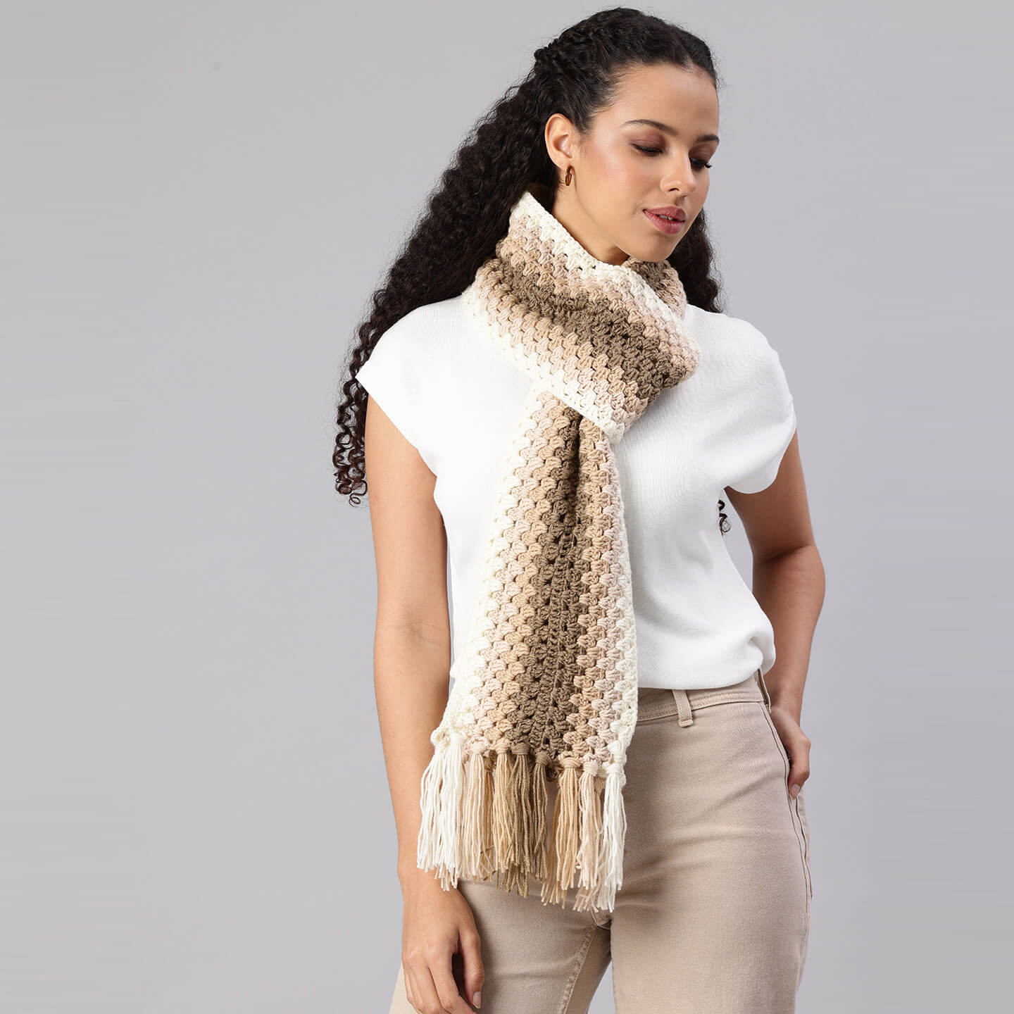 Brown Handmade Wave Pattern Crochet Scarf - 10494