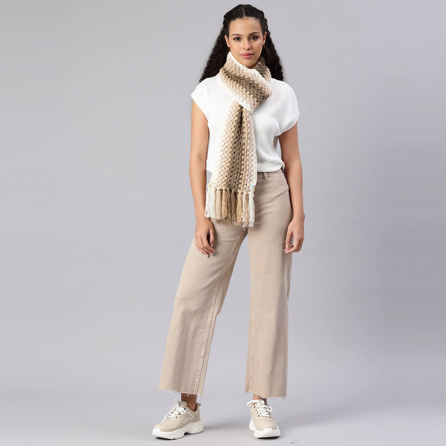 Brown Handmade Wave Pattern Crochet Scarf - 10494