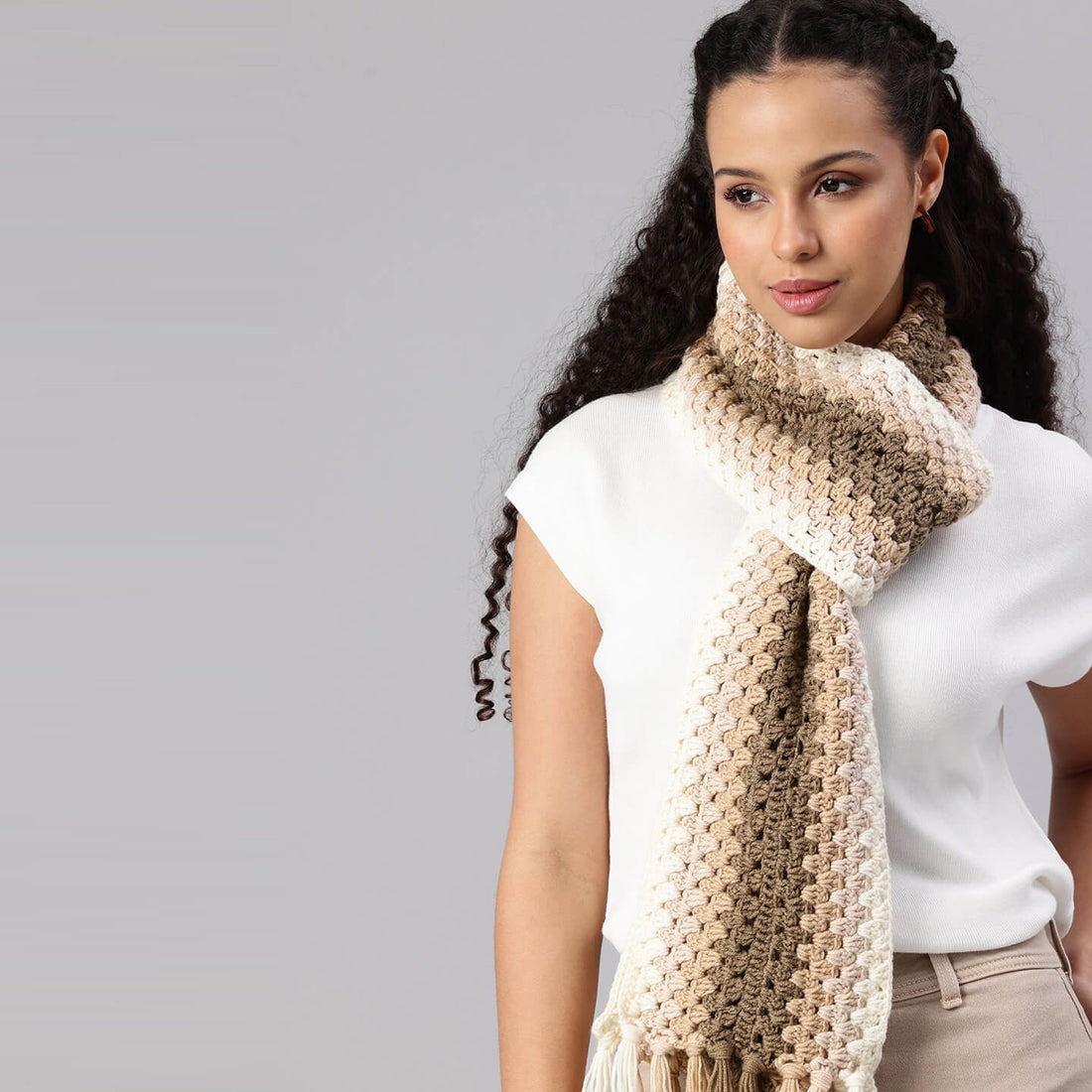 Brown Handmade Wave Pattern Crochet Scarf - 10494