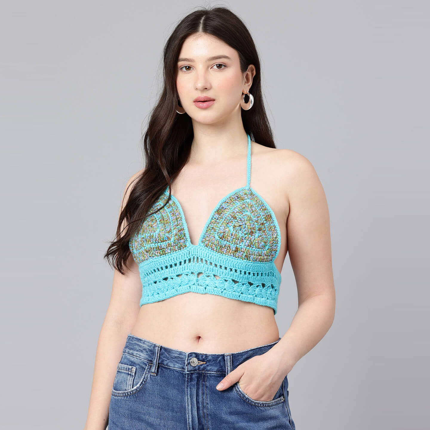 Summer Crochet Bralette Tie Back Sleeveless Top - Blue 10566