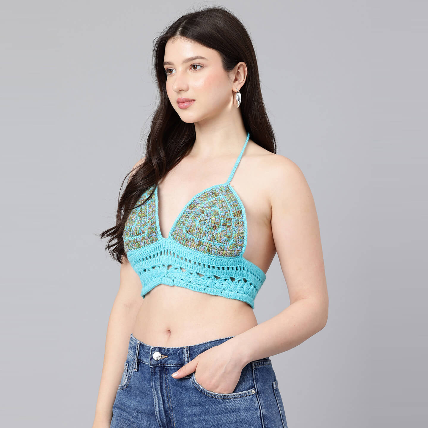 Summer Crochet Bralette Tie Back Sleeveless Top - Blue 10566