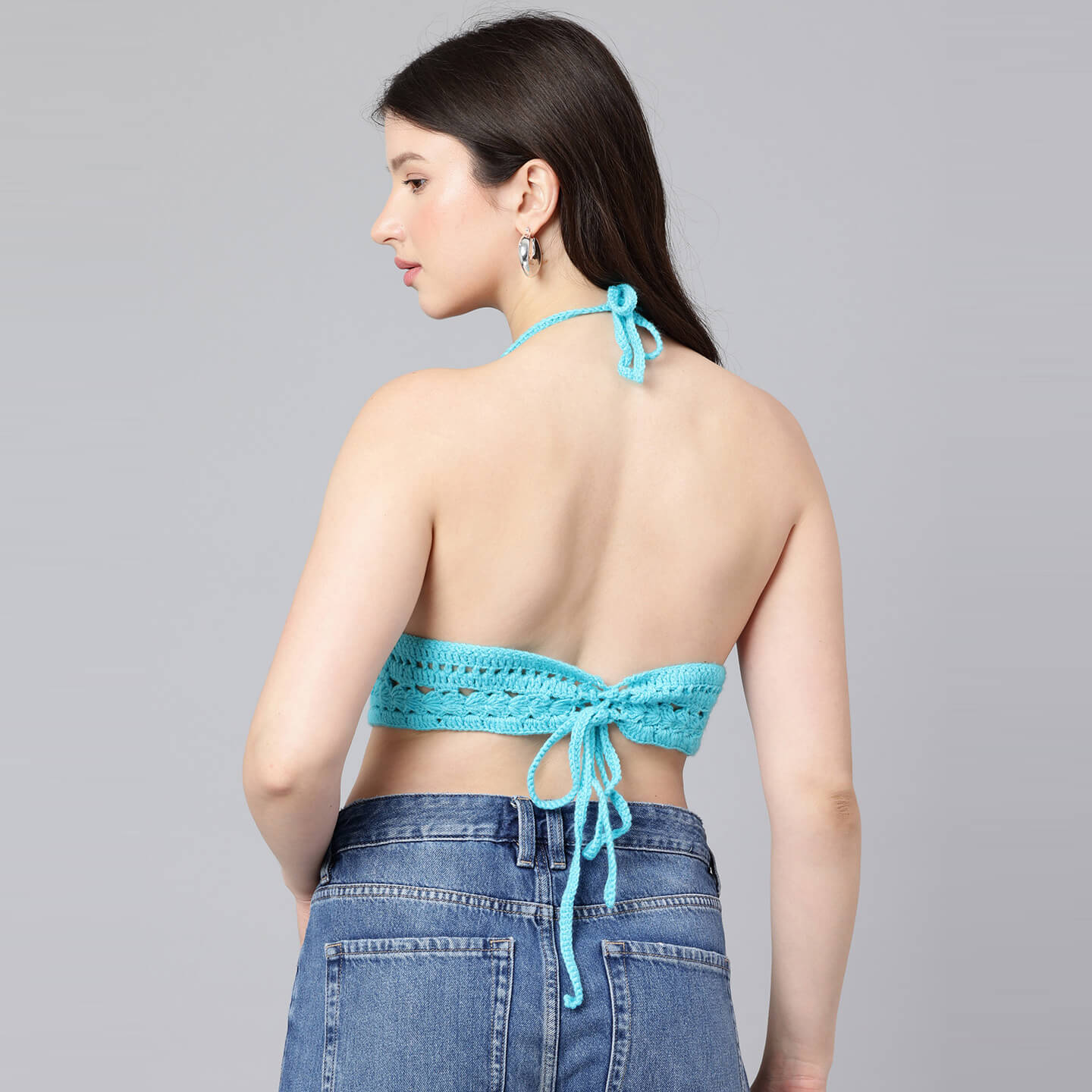 Summer Crochet Bralette Tie Back Sleeveless Top - Blue 10566