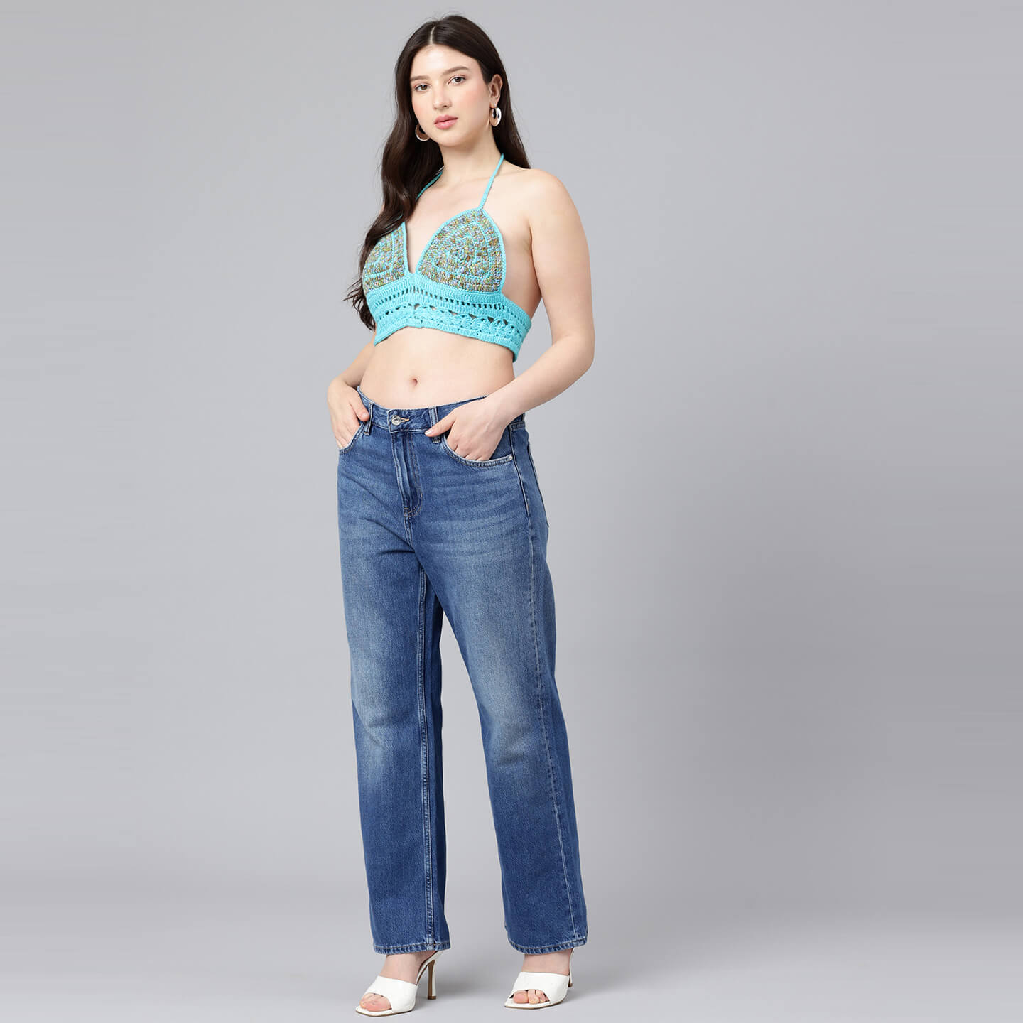 Summer Crochet Bralette Tie Back Sleeveless Top - Blue 10566