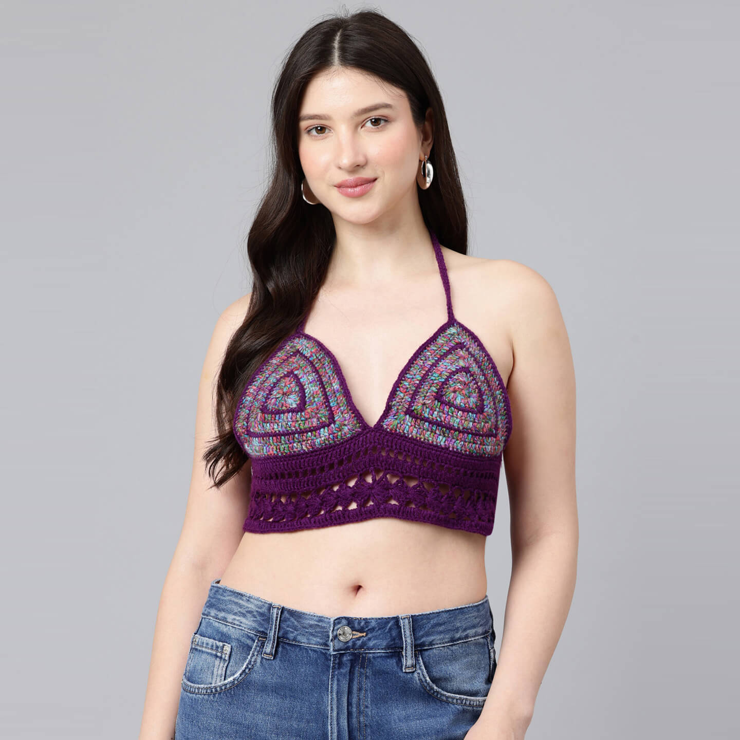 Summer Crochet Bralette Tie Back Sleeveless Top - Purple 10567