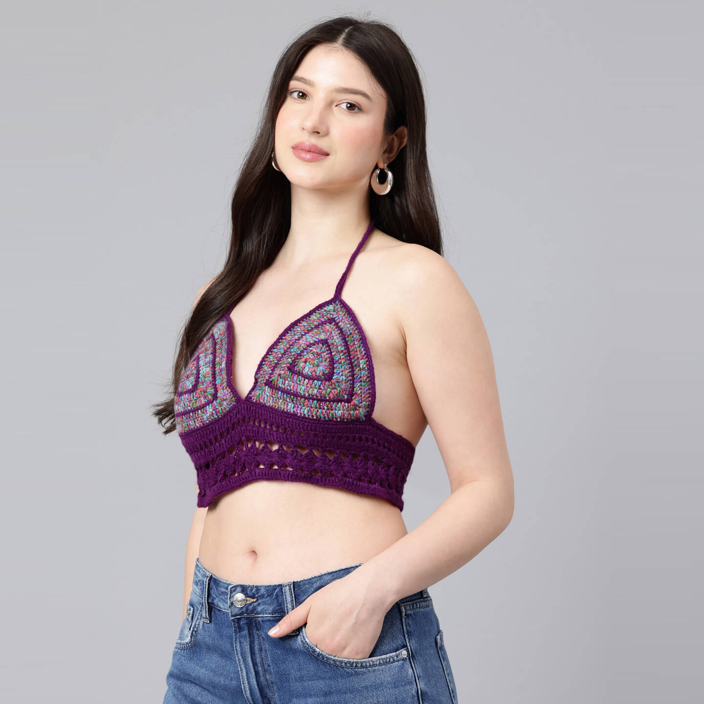 Summer Crochet Bralette Tie Back Sleeveless Top - Purple 10567