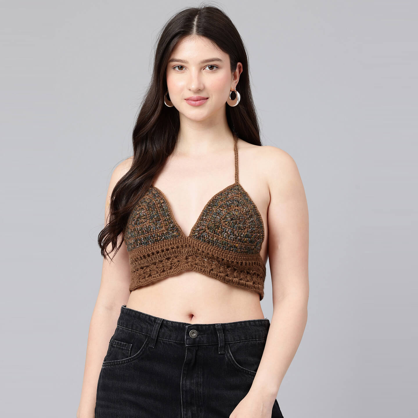 Summer Crochet Bralette Tie Back Sleeveless Top - Brown 10568