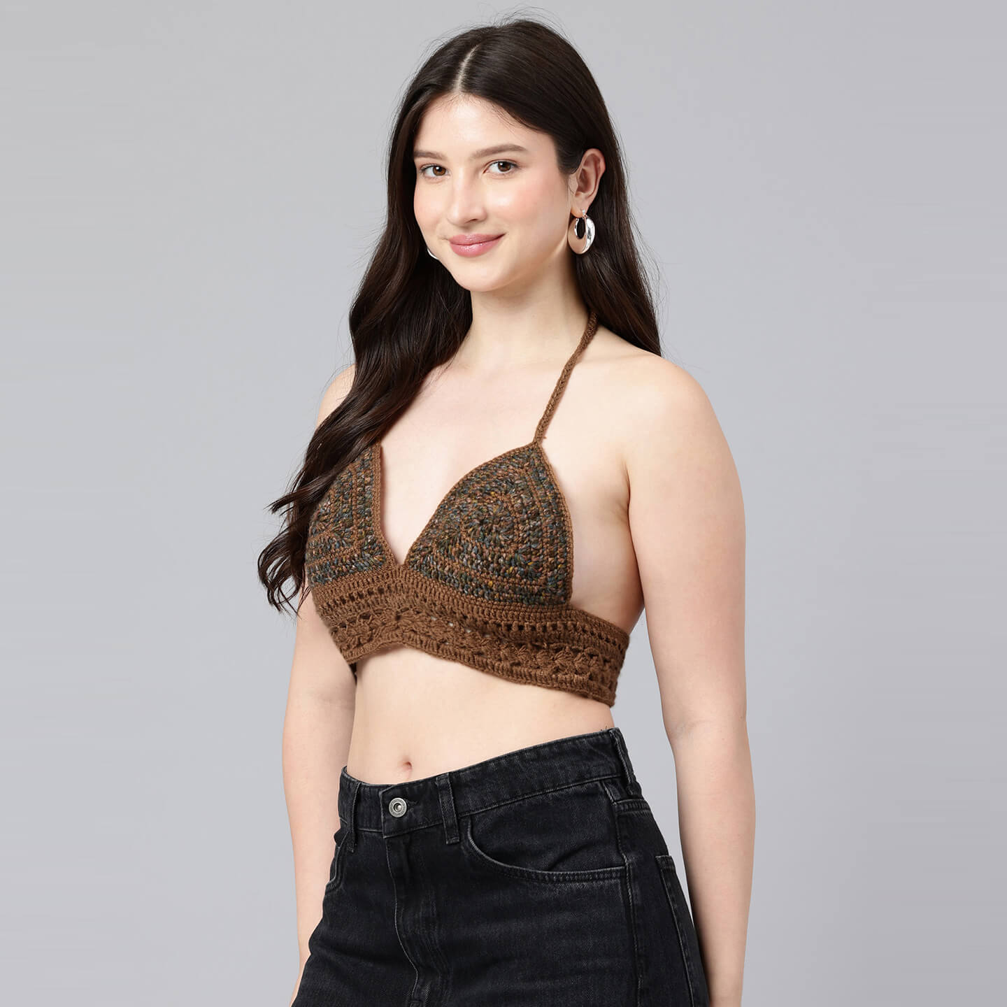 Summer Crochet Bralette Tie Back Sleeveless Top - Brown 10568