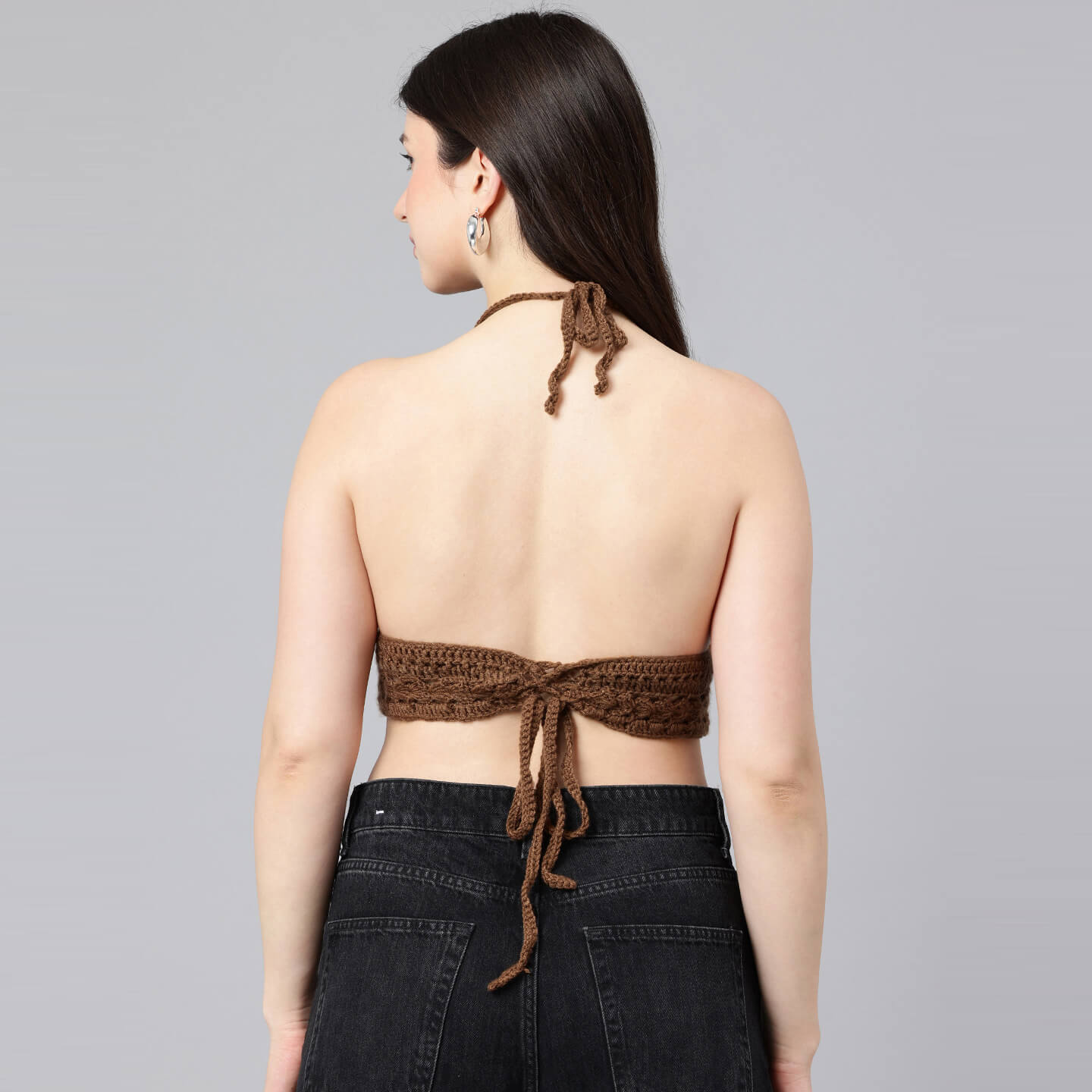 Summer Crochet Bralette Tie Back Sleeveless Top - Brown 10568