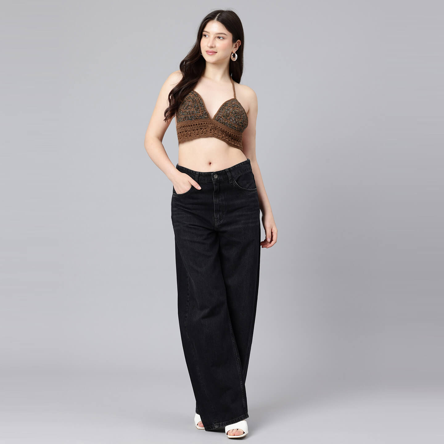 Summer Crochet Bralette Tie Back Sleeveless Top - Brown 10568